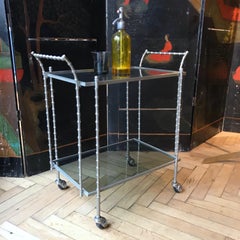 Midcentury Maison Baguès Silvered Brass Faux Bamboo Bar Cart, 1960s, France