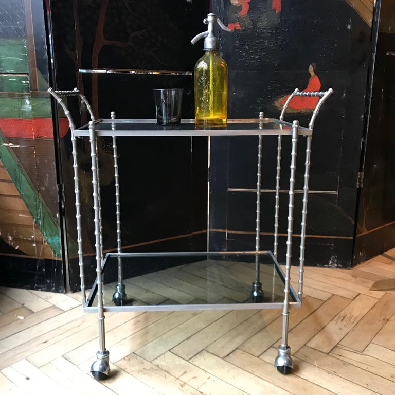 Mid-Century Modern Midcentury Maison Baguès Silvered Brass Faux Bamboo Bar Cart, 1960s, France For Sale