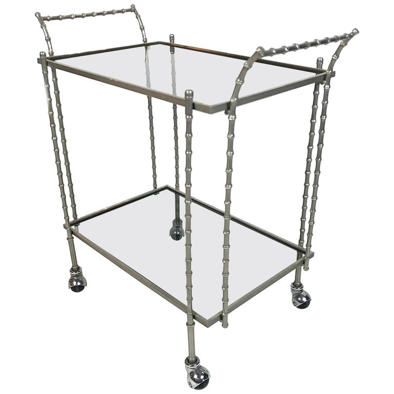 Midcentury Maison Baguès Silvered Brass Faux Bamboo Bar Cart, 1960s, France For Sale