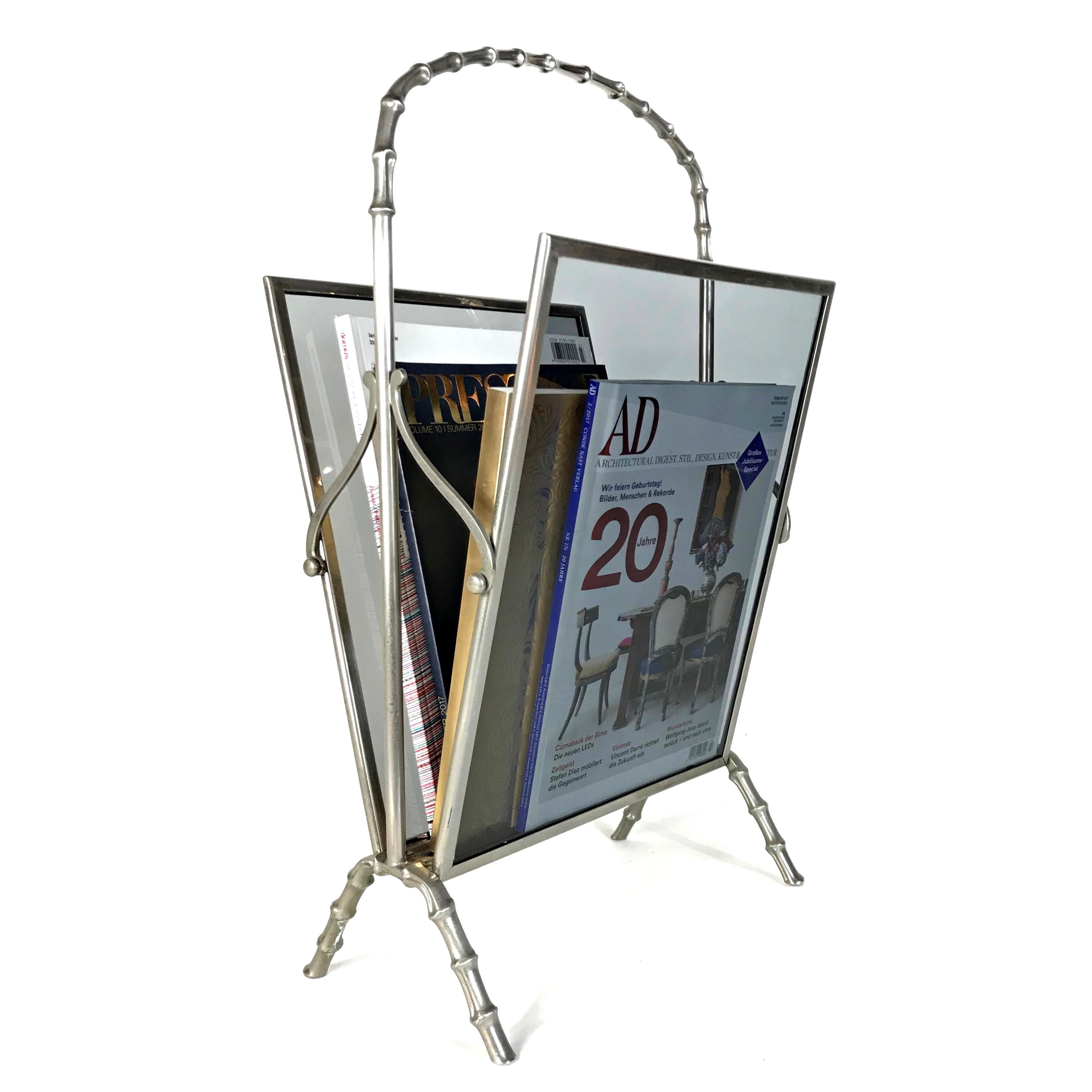 Midcentury Maison Baguès Silvered Brass Faux Bamboo Magazine Rack, 1950s, France In Good Condition In Biebergemund, Hessen