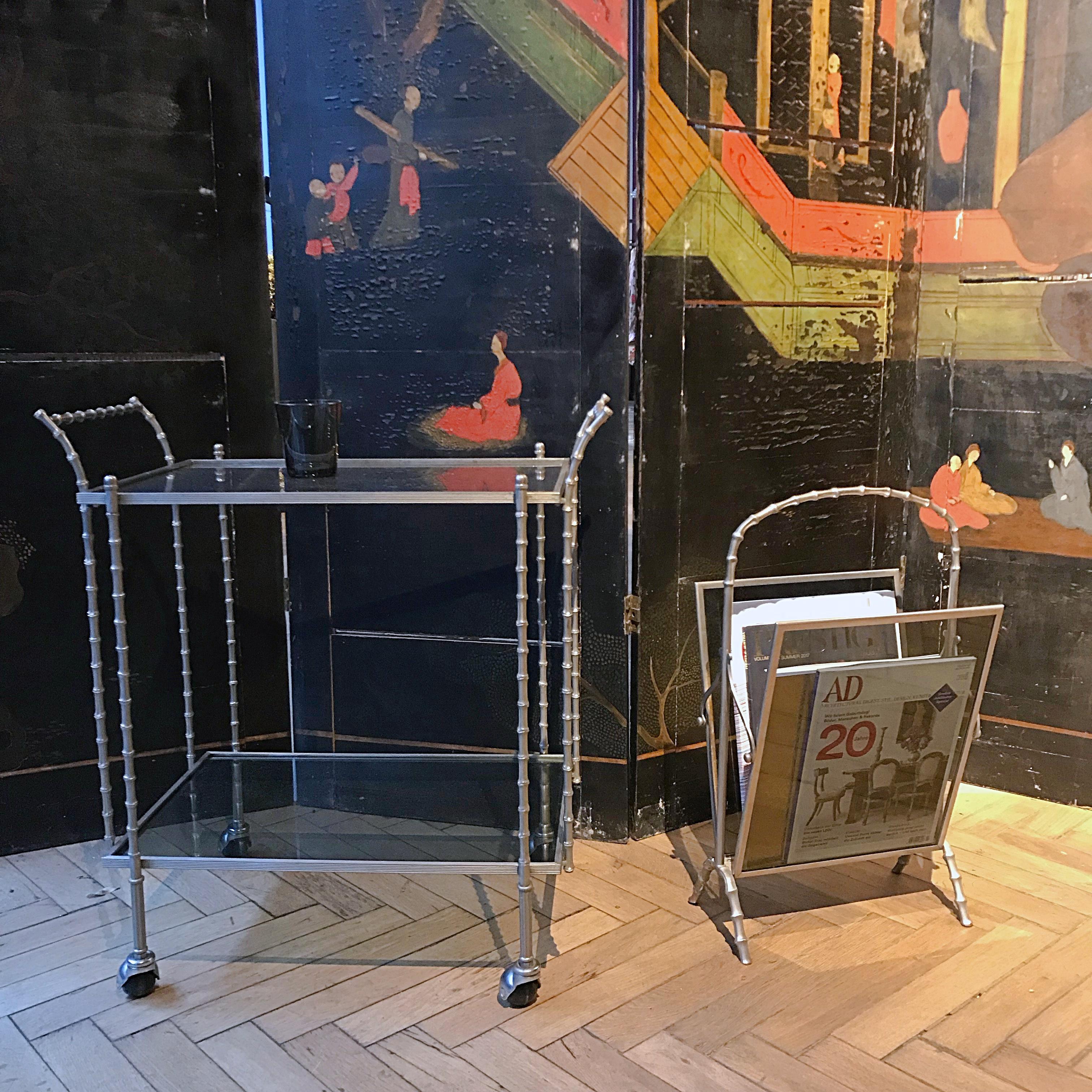 Midcentury Maison Baguès Silvered Brass Faux Bamboo Magazine Rack, 1960s, France For Sale 1