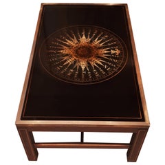 Vintage Midcentury Maison Jansen Mahogany and Églomisé Black Glass Compass Coffee Table