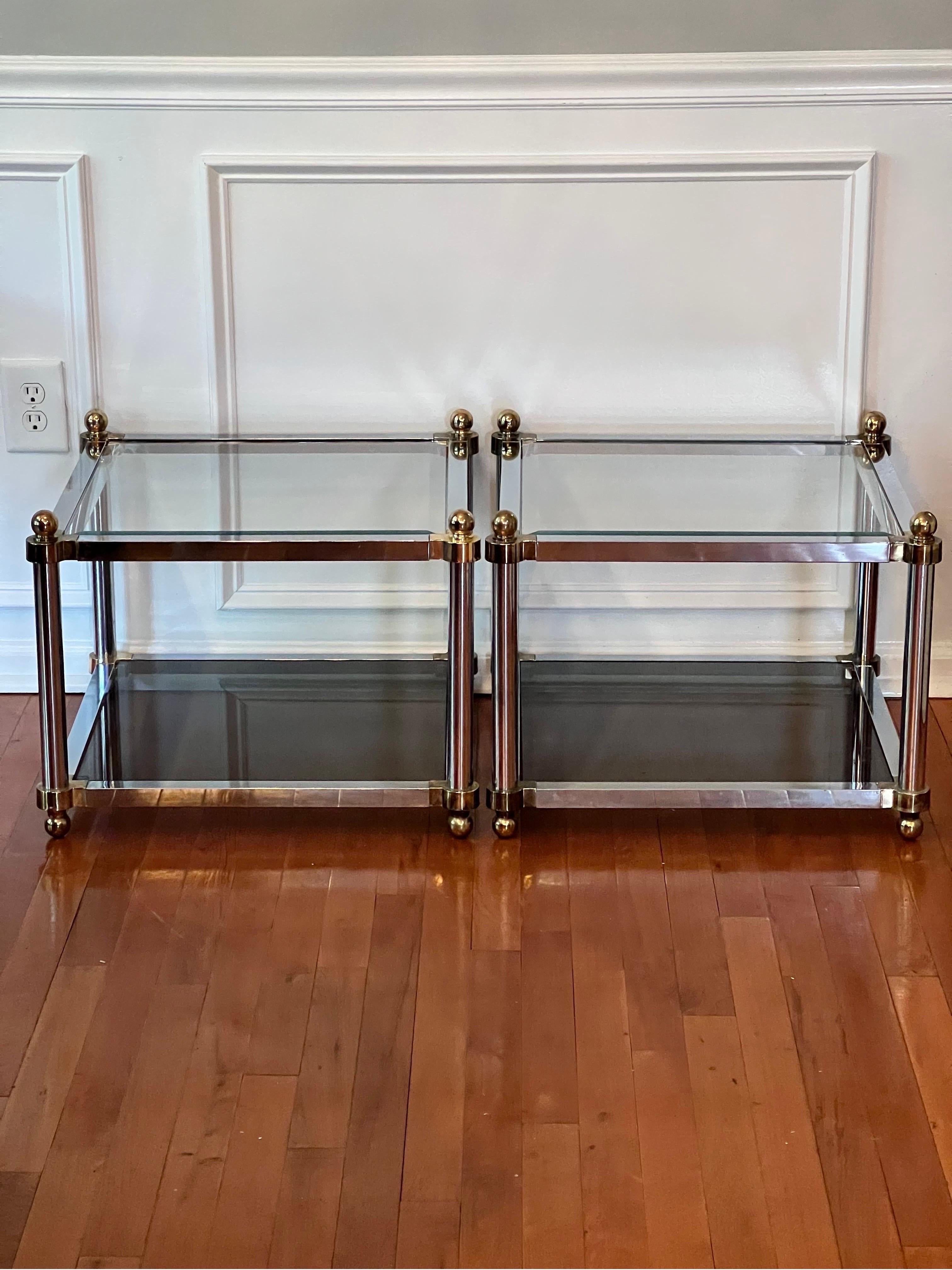 Mid-Century Modern Midcentury Maison Jansen Style Two Tier Brass and Steel Square Tables, a Pair For Sale