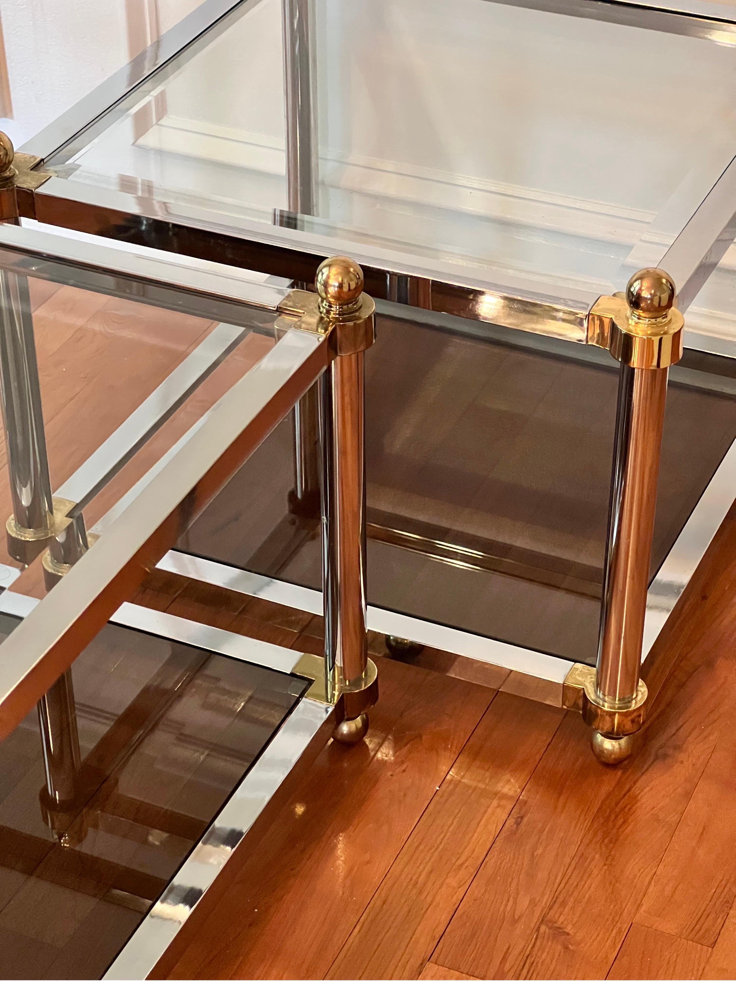 Unknown Midcentury Maison Jansen Style Two Tier Brass and Steel Square Tables, a Pair For Sale