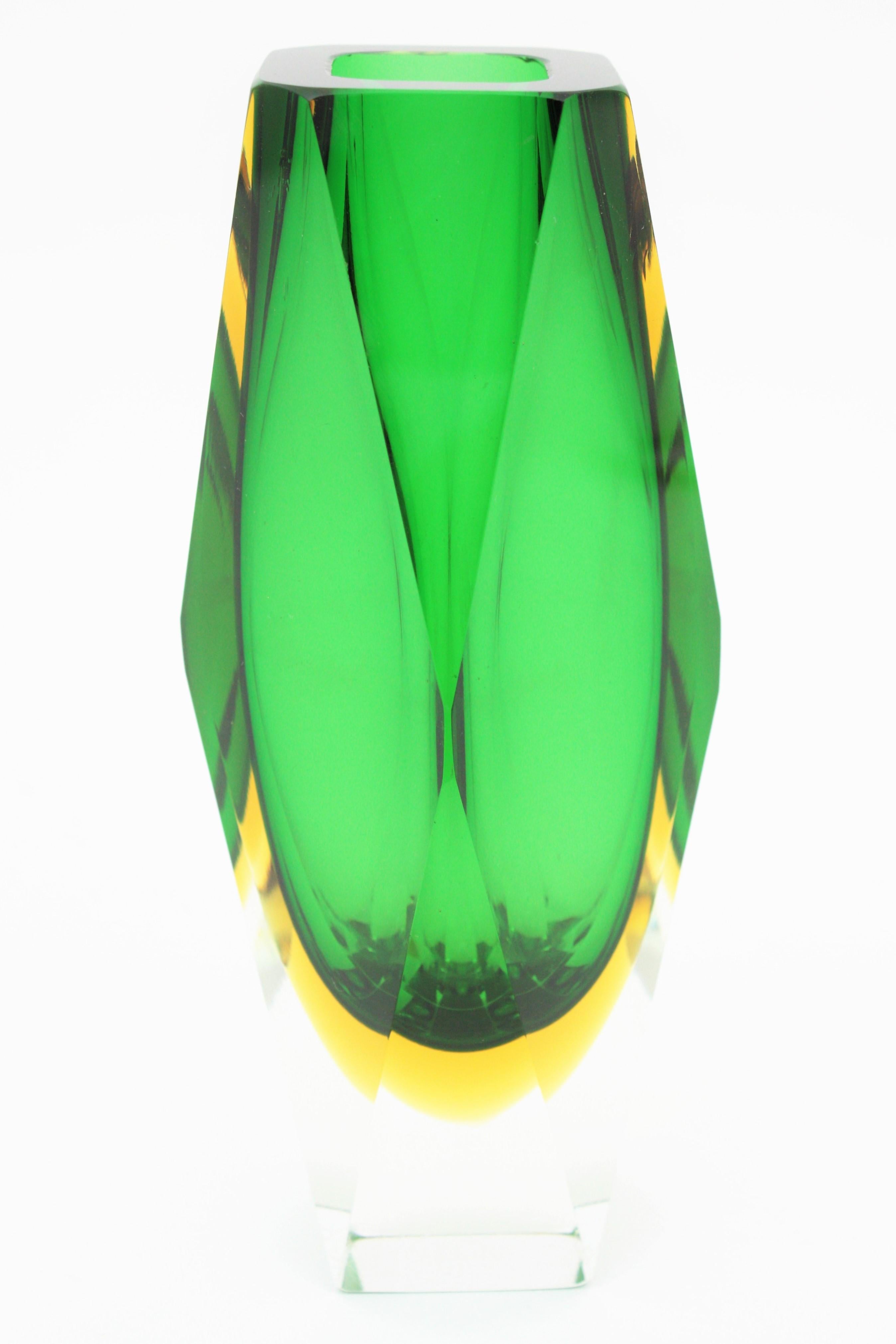 Mid-Century Modern Midcentury Mandruzzato Faceted Murano Glass Emerald Green & Yellow Sommerso Vase