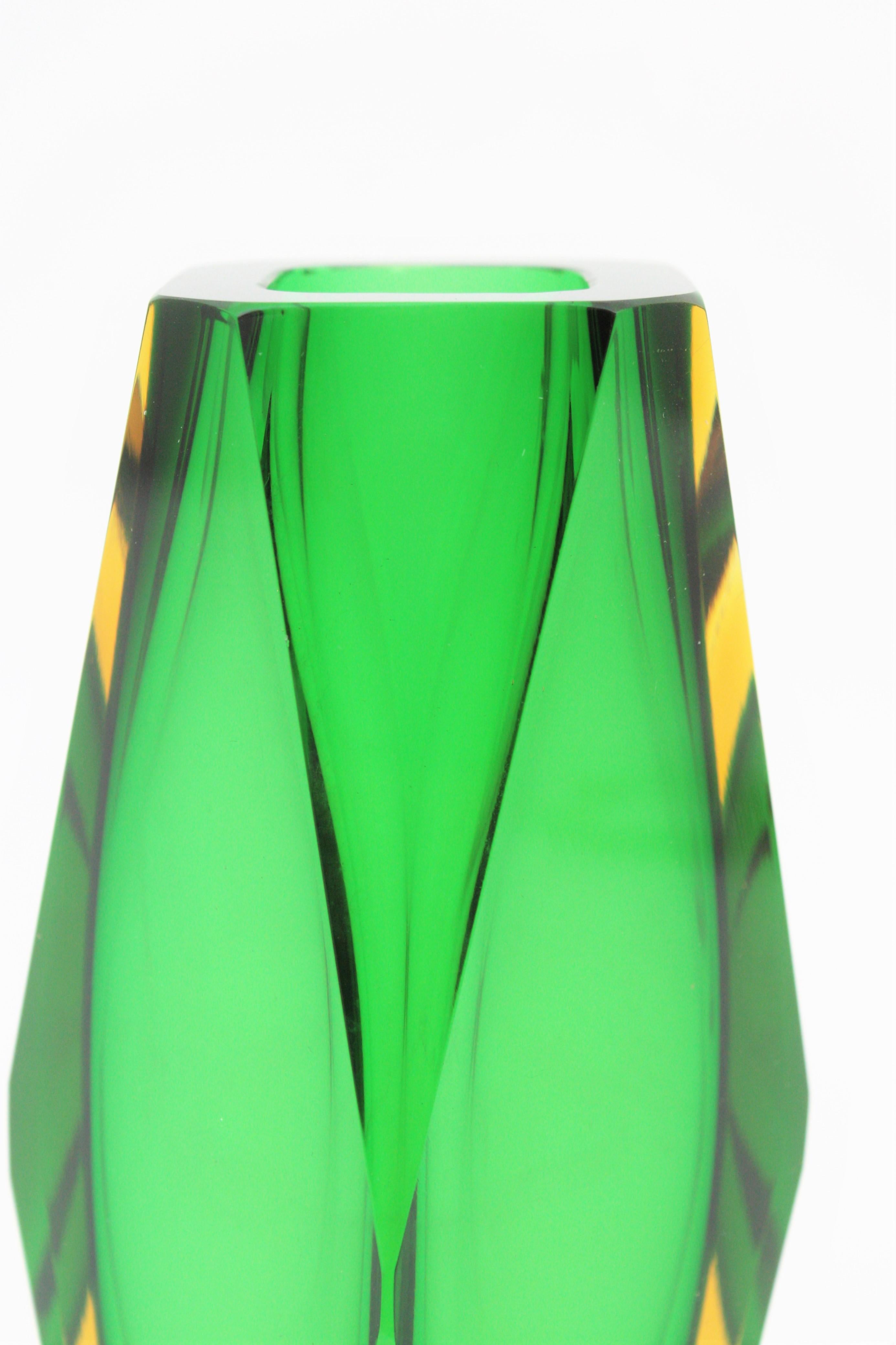 Italian Midcentury Mandruzzato Faceted Murano Glass Emerald Green & Yellow Sommerso Vase