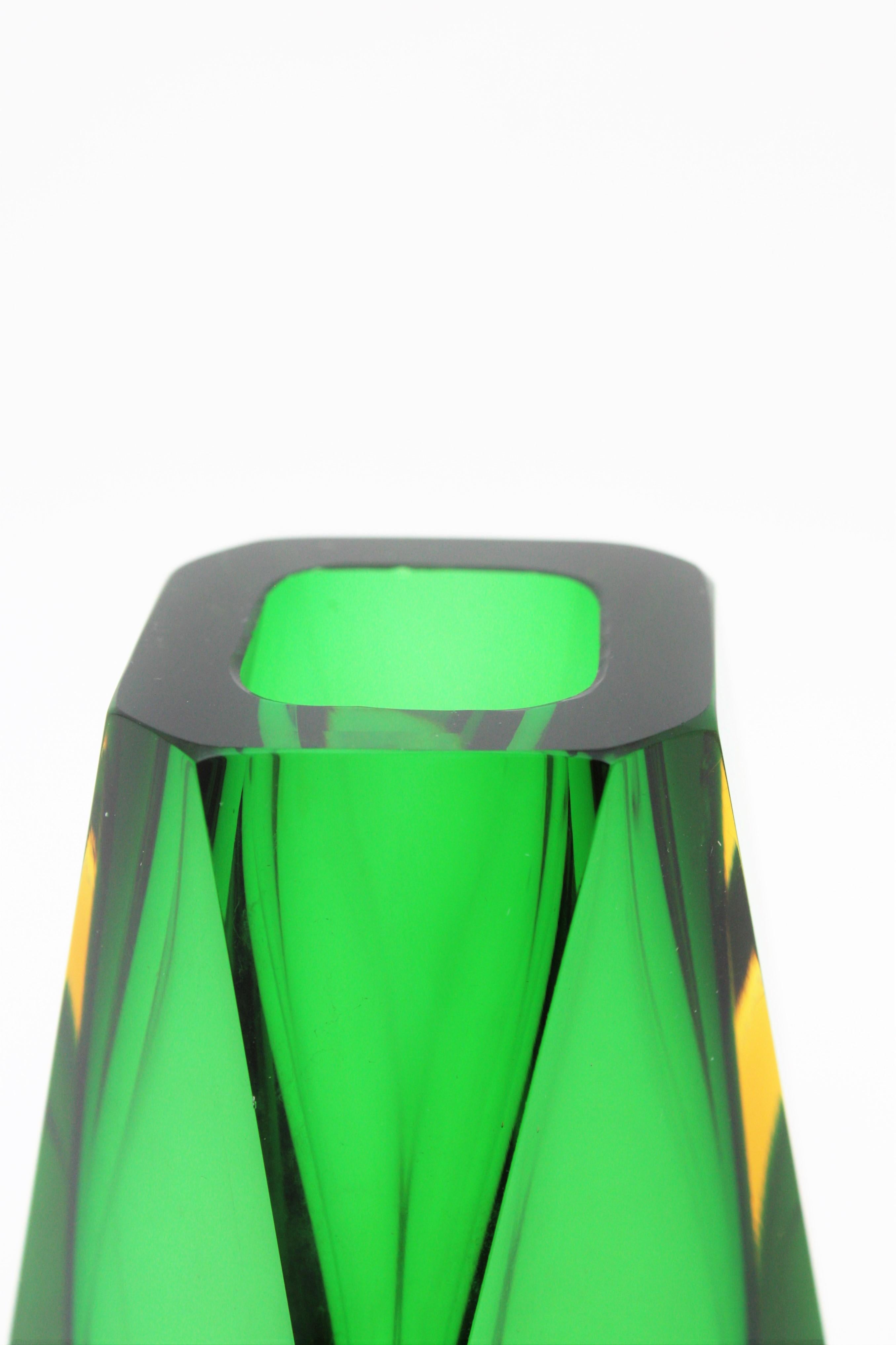 20th Century Midcentury Mandruzzato Faceted Murano Glass Emerald Green & Yellow Sommerso Vase