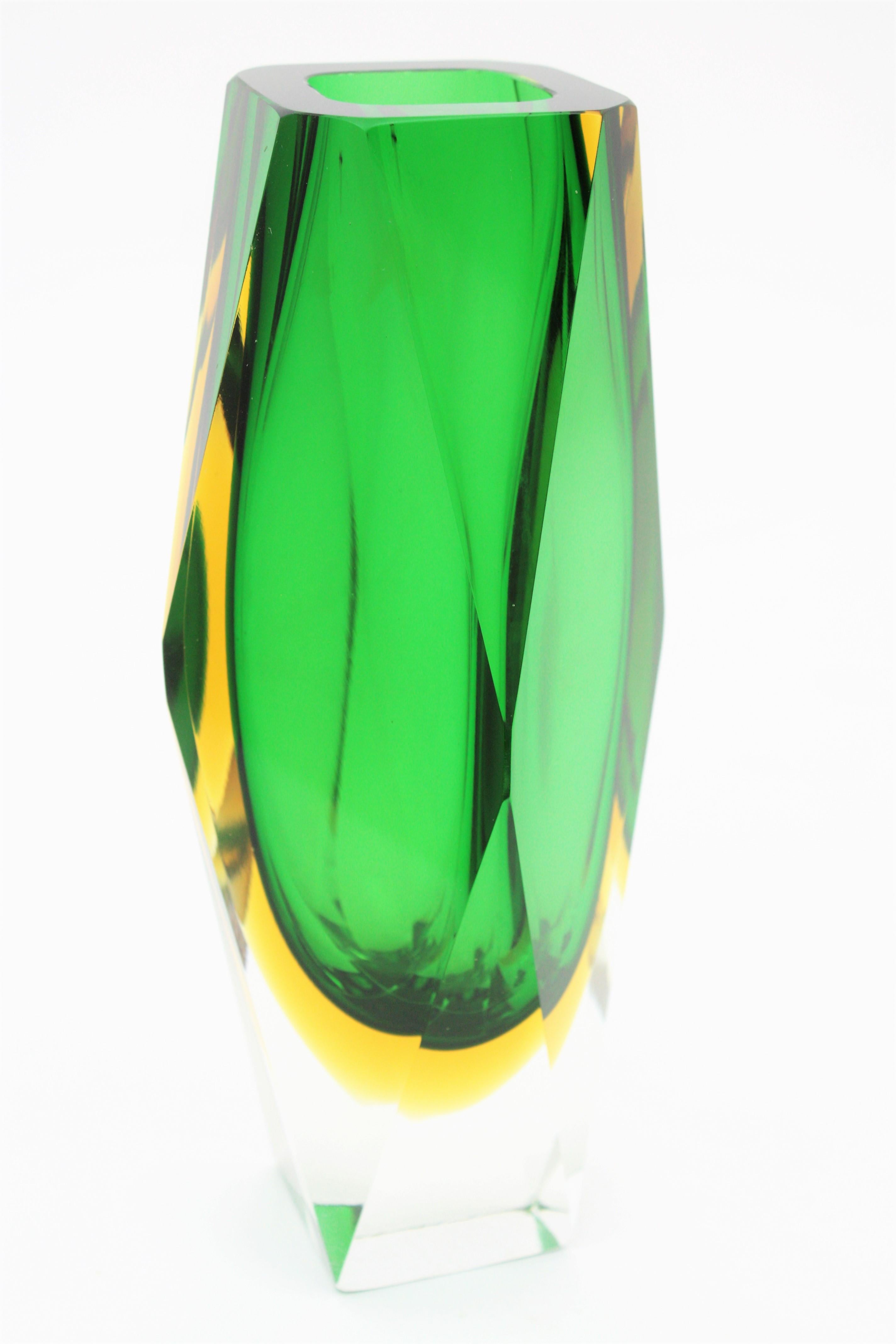 Art Glass Midcentury Mandruzzato Faceted Murano Glass Emerald Green & Yellow Sommerso Vase