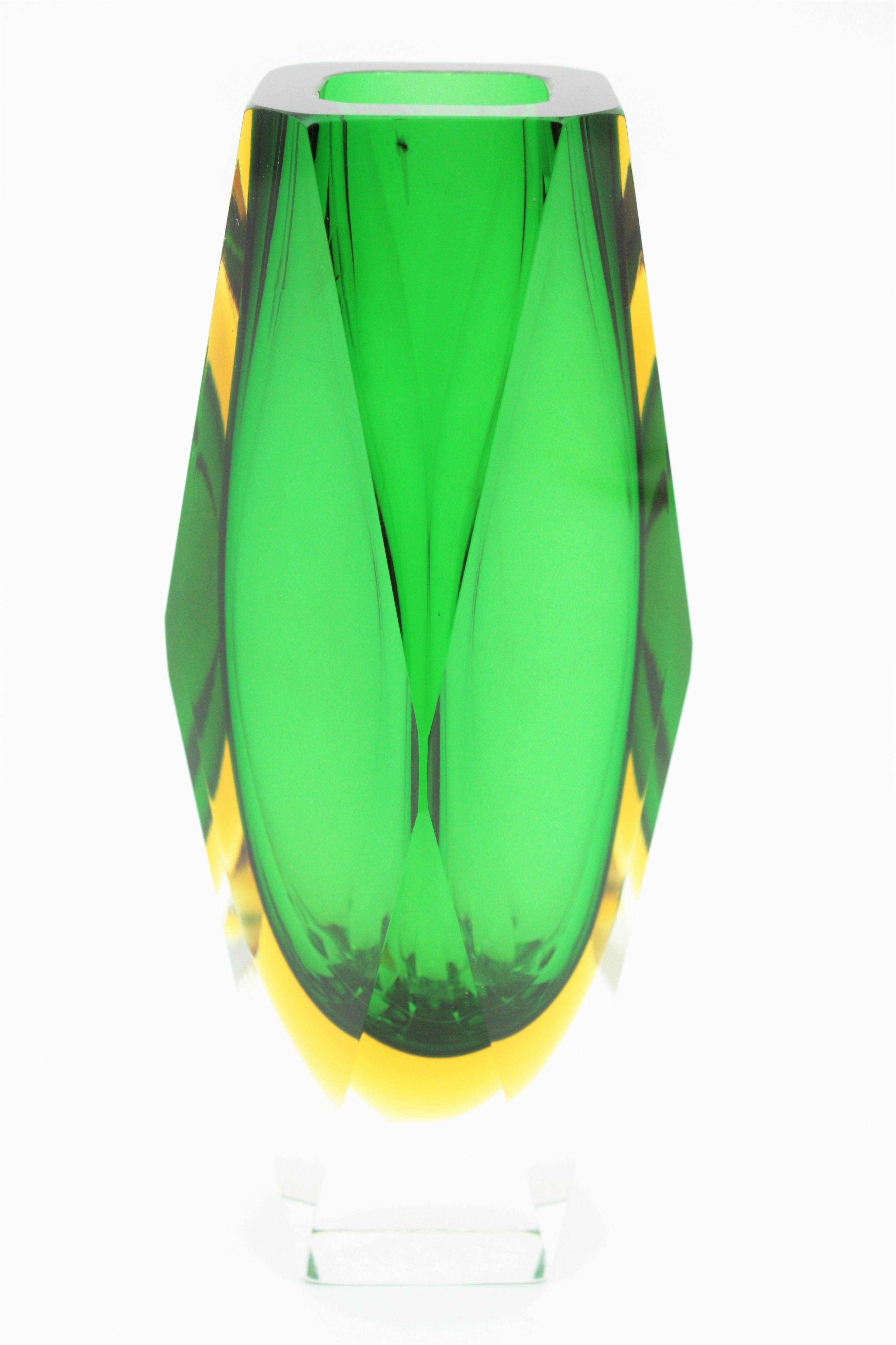 Midcentury Mandruzzato Faceted Murano Glass Emerald Green & Yellow Sommerso Vase 1
