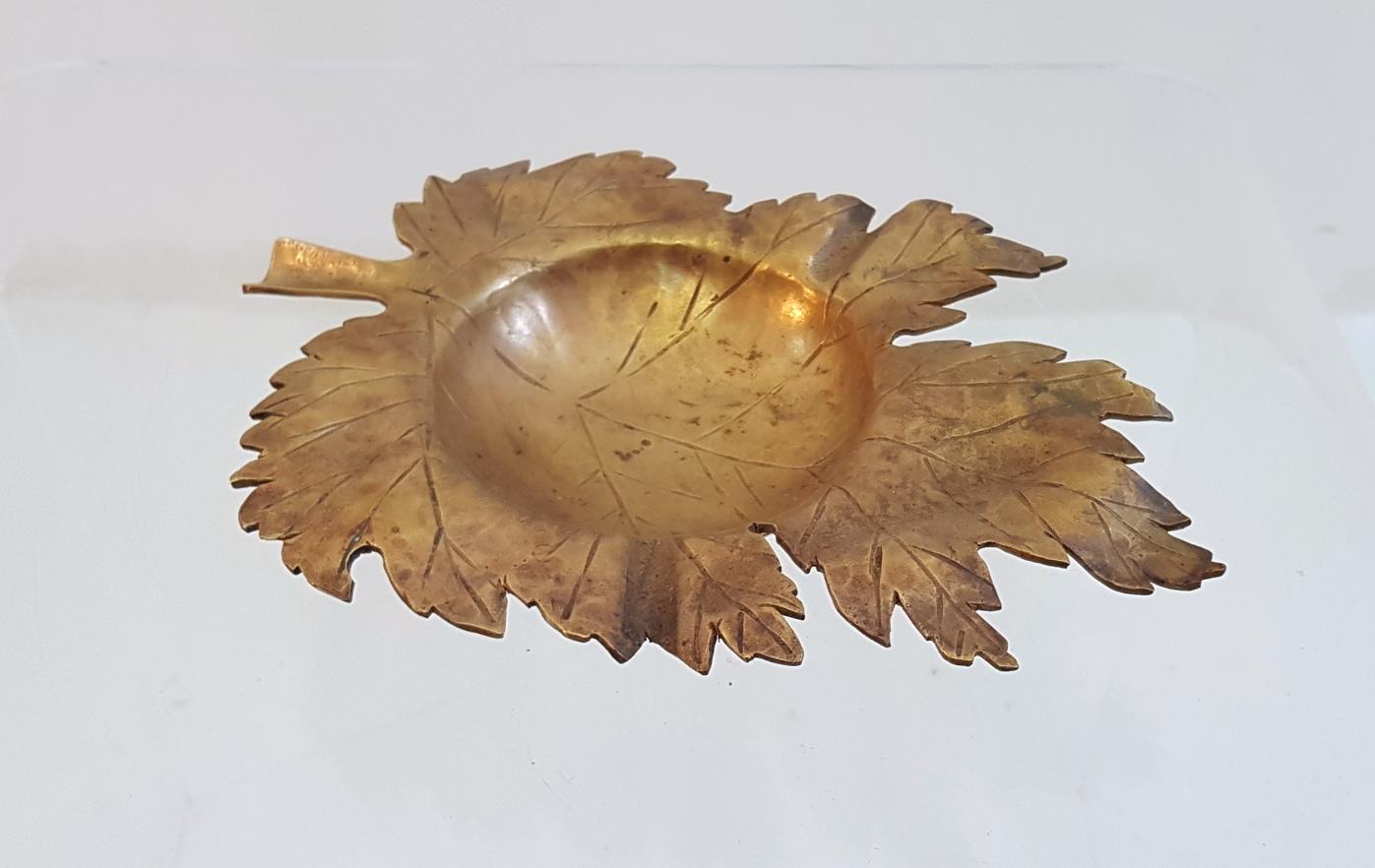 Italian Midcentury Handmade Maple Bronze Leaf Ashtray Italy