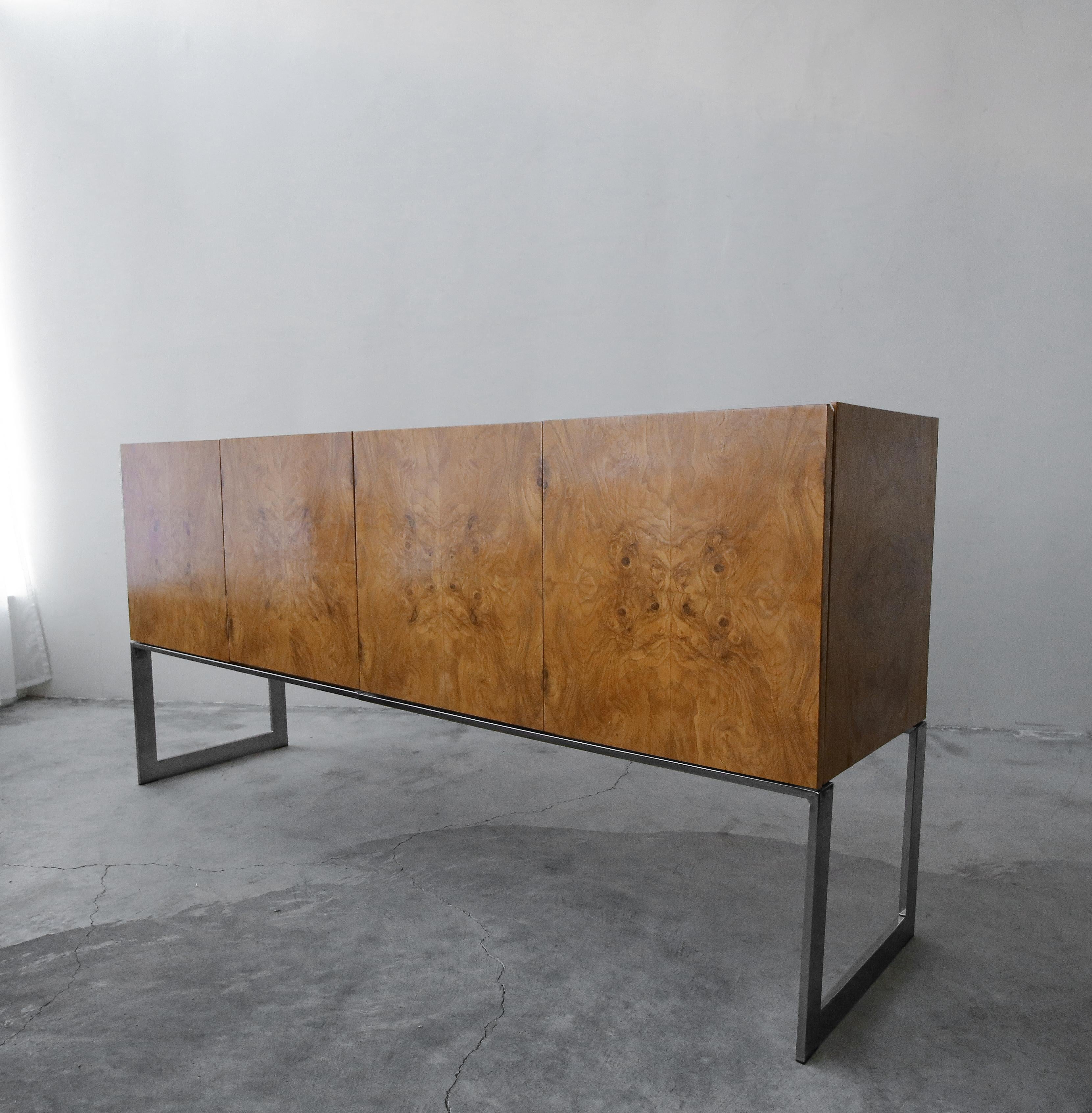 Mid-Century Modern Midcentury Maple Burl and Chrome Credenza by Milo Baughman