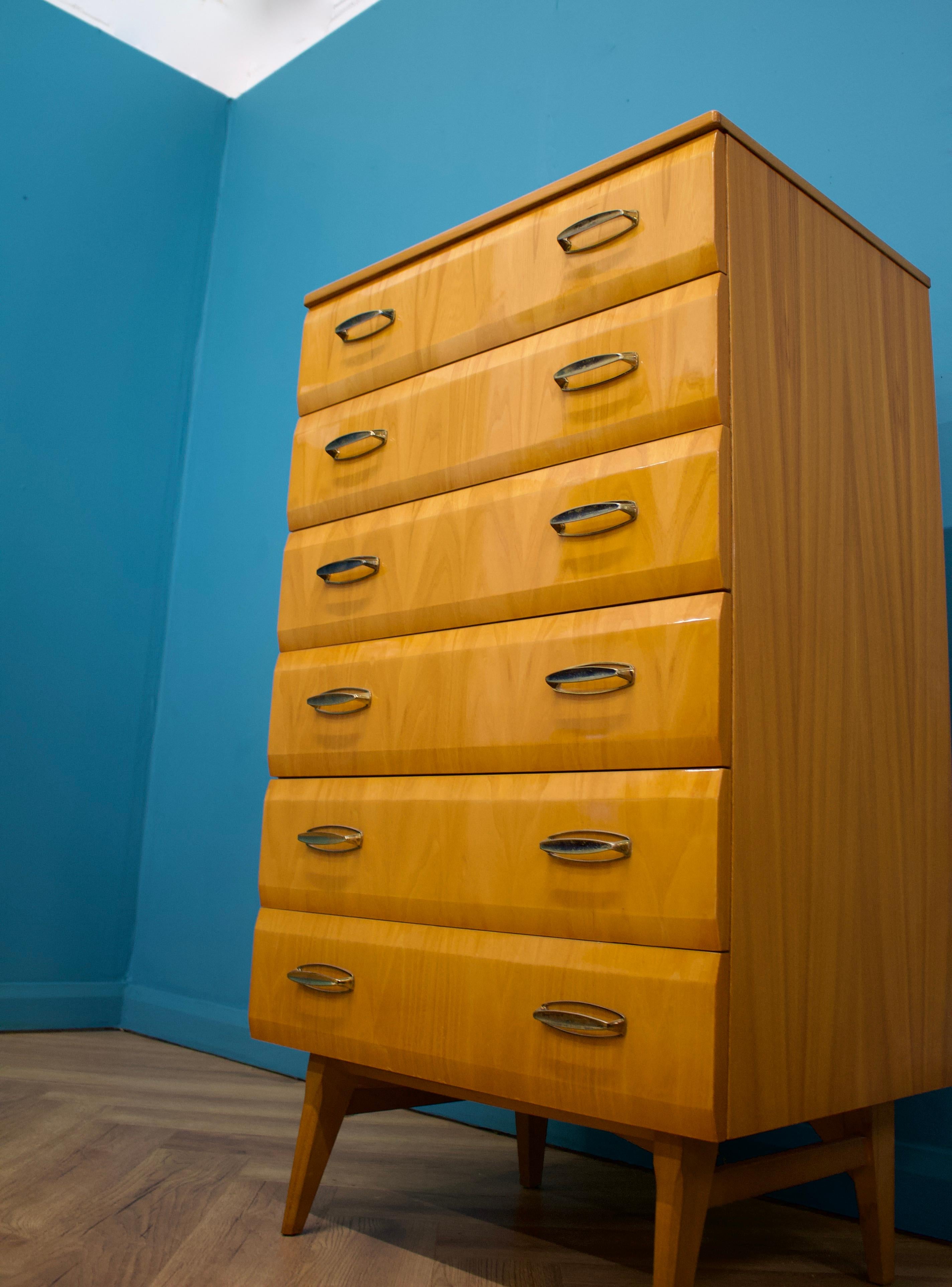 Veneer Midcentury, Maple Tallboy Chest of Drawers by Meredew, 1960s For Sale