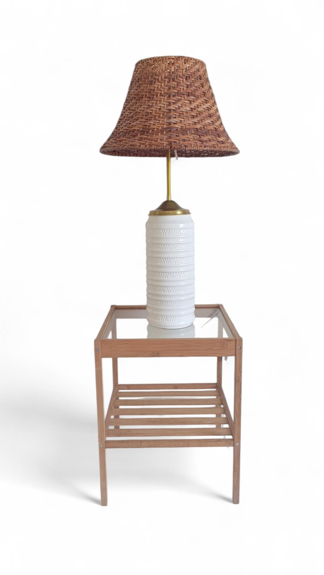 Midcentury Marbella Style White Ceramic, Brass, and Wicker Table Lamp, 1960s For Sale 7