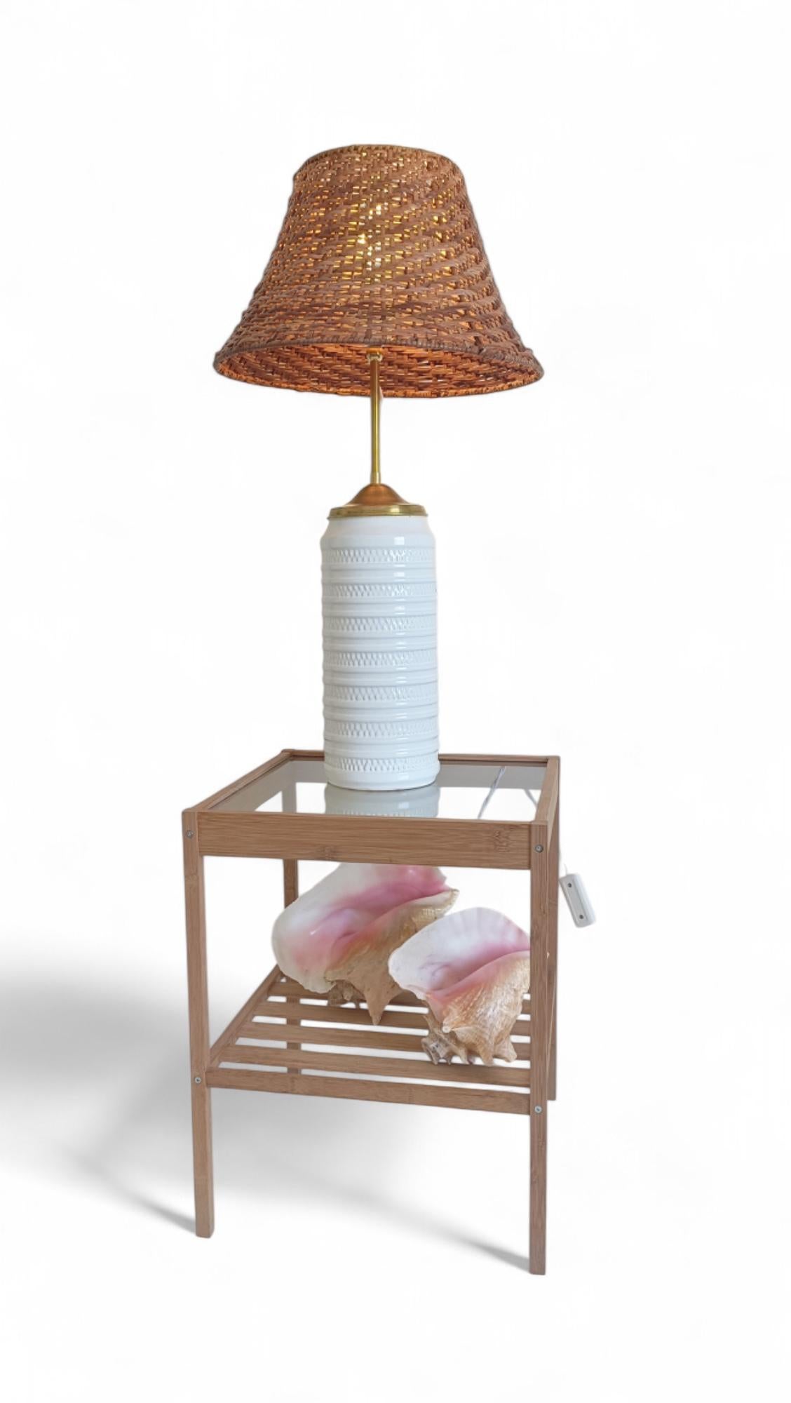 Midcentury Marbella Style White Ceramic, Brass, and Wicker Table Lamp, 1960s For Sale 9