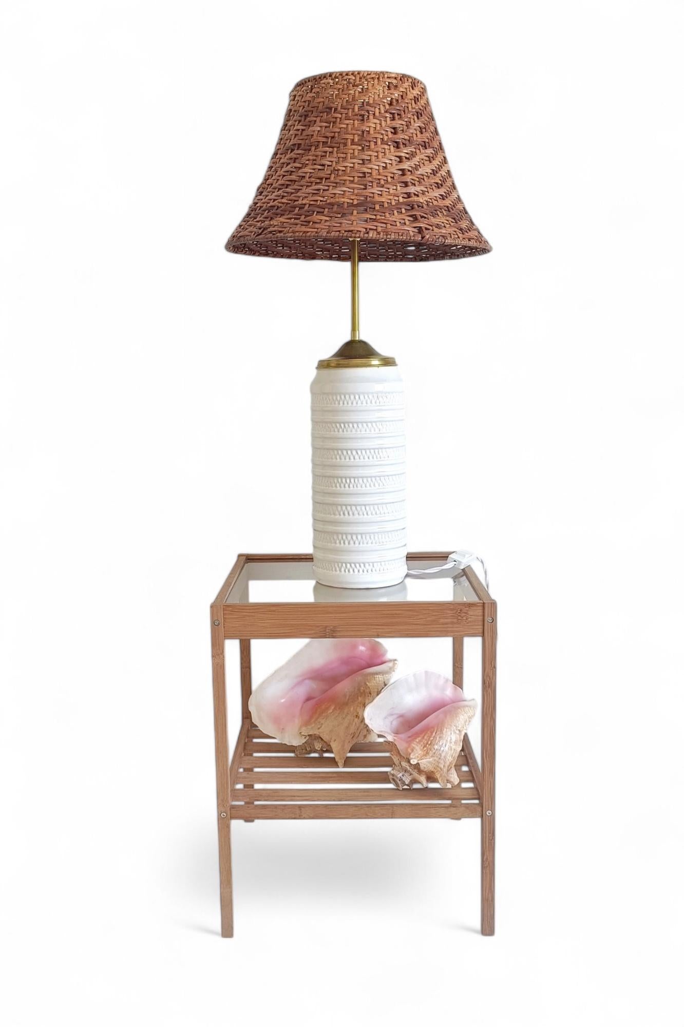 Midcentury Marbella Style White Ceramic, Brass, and Wicker Table Lamp, 1960s For Sale 10