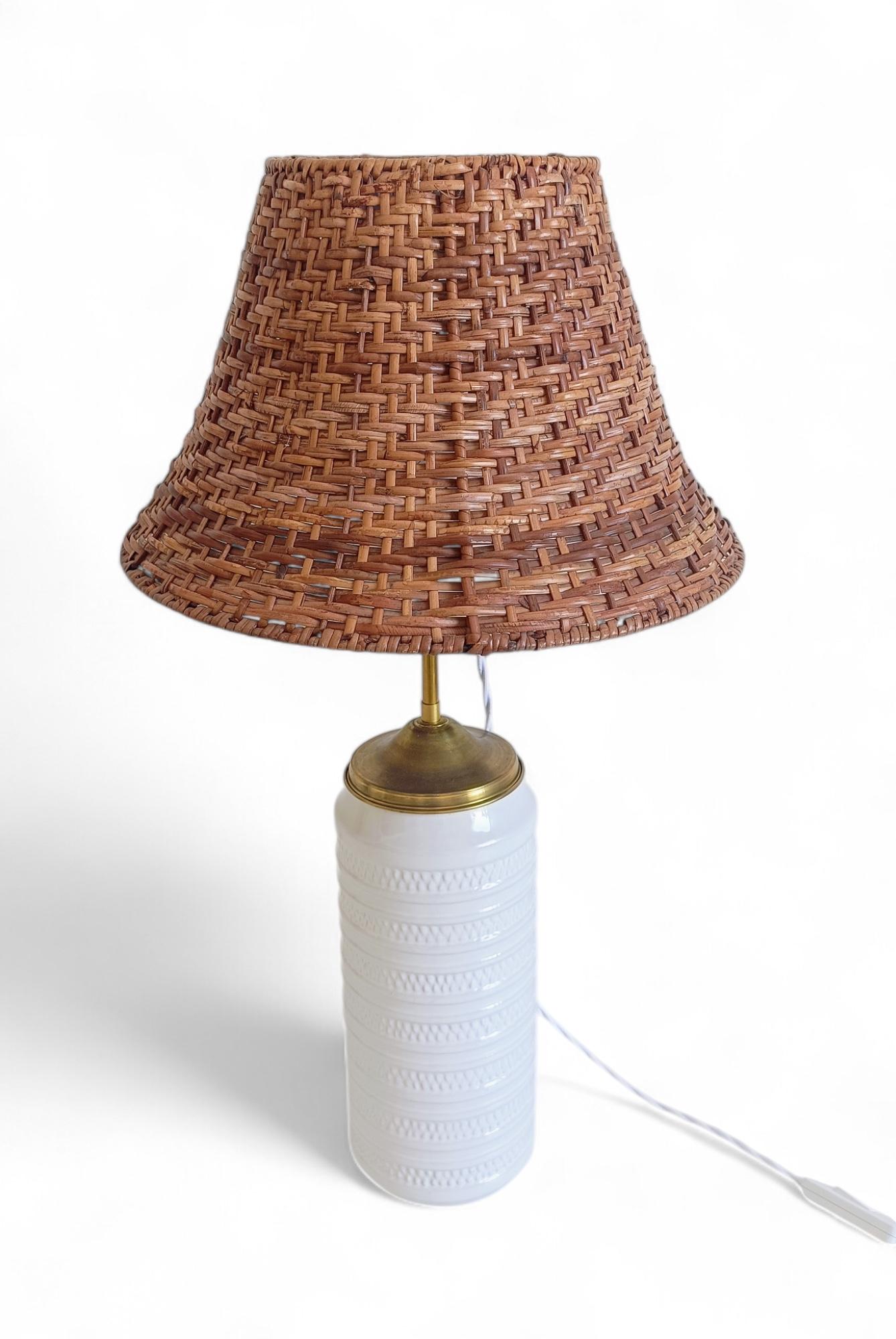 Mid-20th Century Midcentury Marbella Style White Ceramic, Brass, and Wicker Table Lamp, 1960s For Sale
