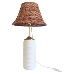 Midcentury Marbella Style White Ceramic, Brass, and Wicker Table Lamp, 1960s