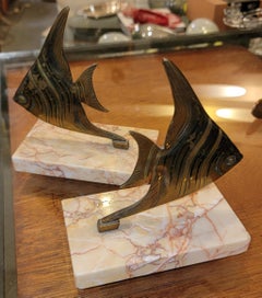 Midcentury Marble and Brass Fish Bookends