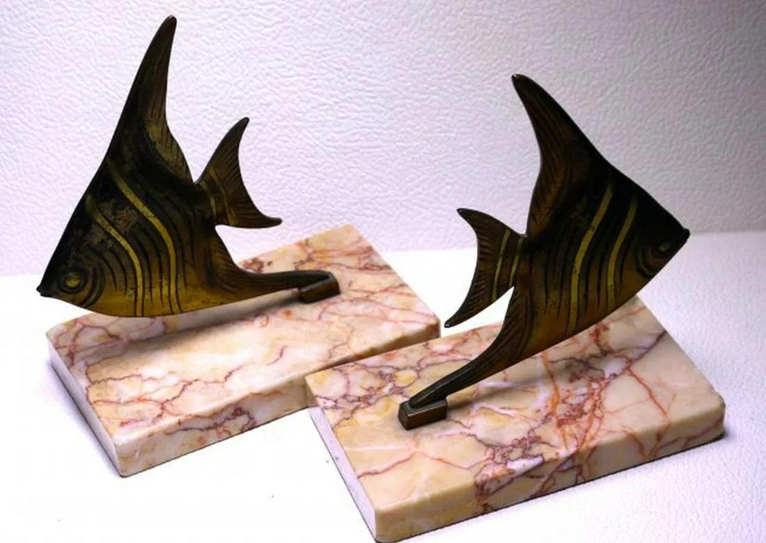 American Midcentury Marble and Brass Fish Bookends