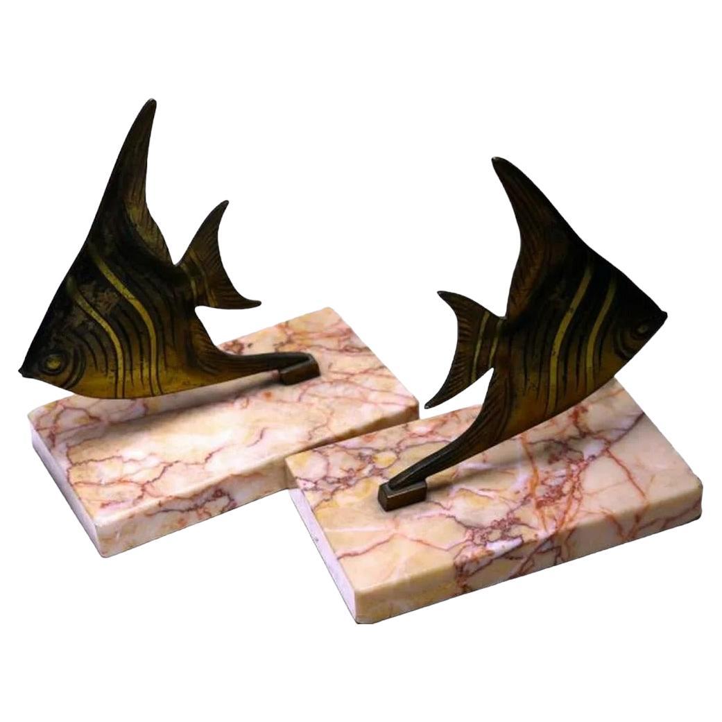 Midcentury Marble and Brass Fish Bookends