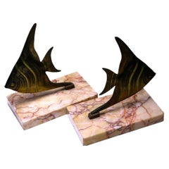 Midcentury Marble and Brass Fish Bookends