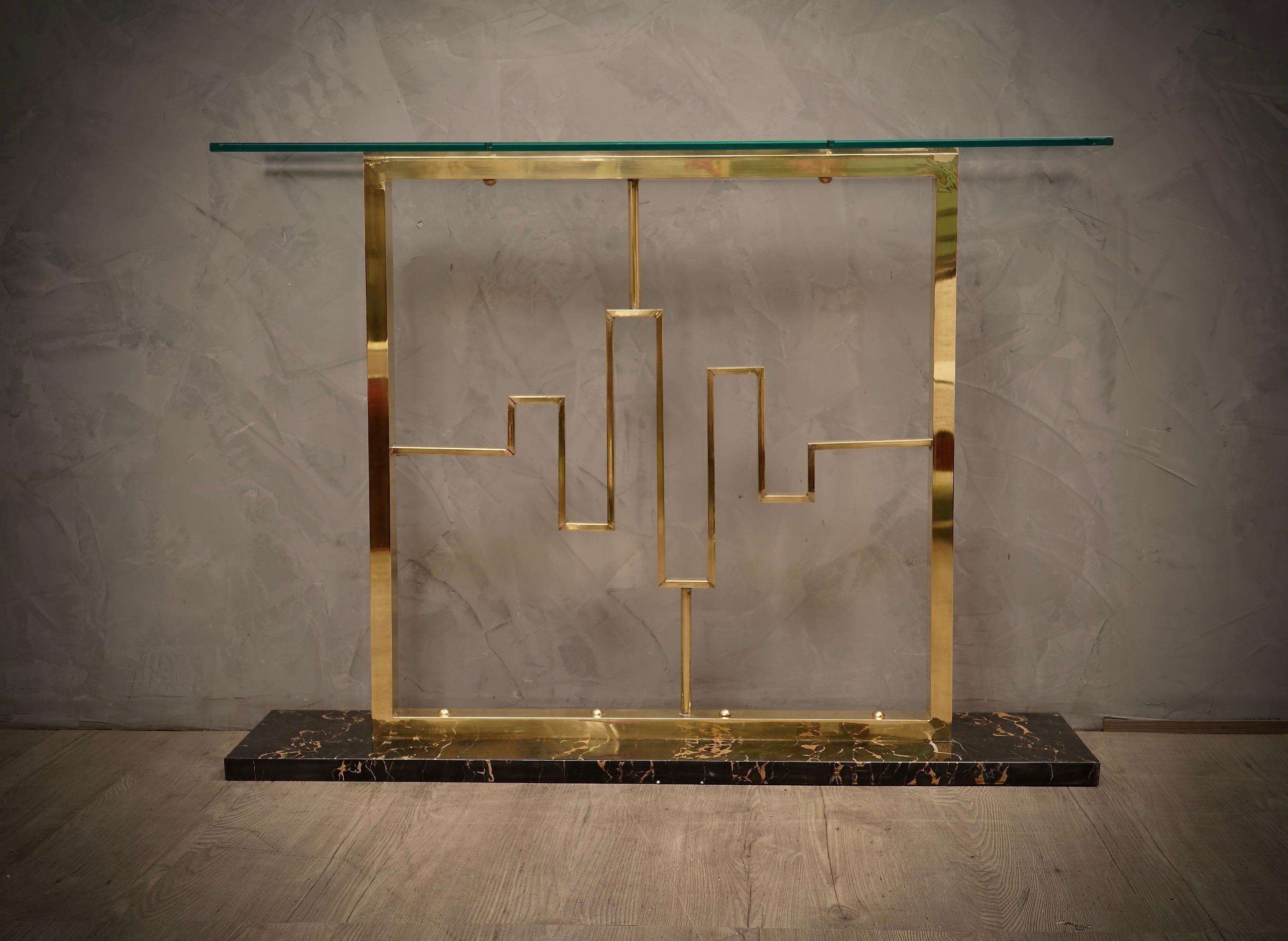 Mid-Century Modern Midcentury Portoro Marble Brass and Glass Italian Console Table, 1980 For Sale