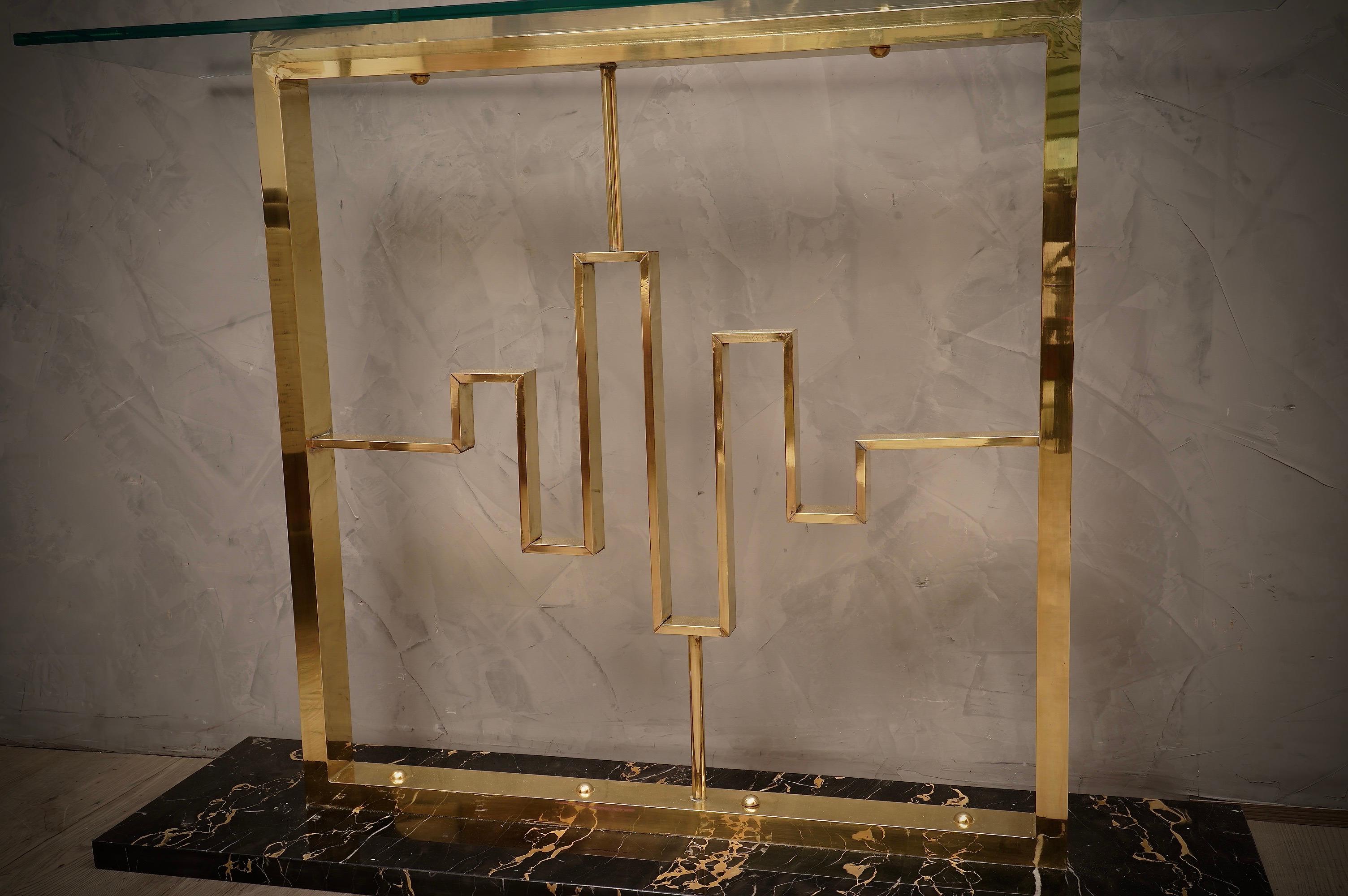 Midcentury Portoro Marble Brass and Glass Italian Console Table, 1980 In Good Condition For Sale In Rome, IT