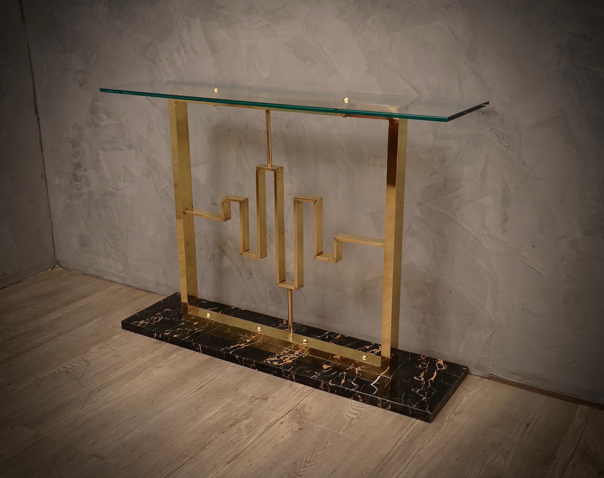 Midcentury Portoro Marble Brass and Glass Italian Console Table, 1980 1
