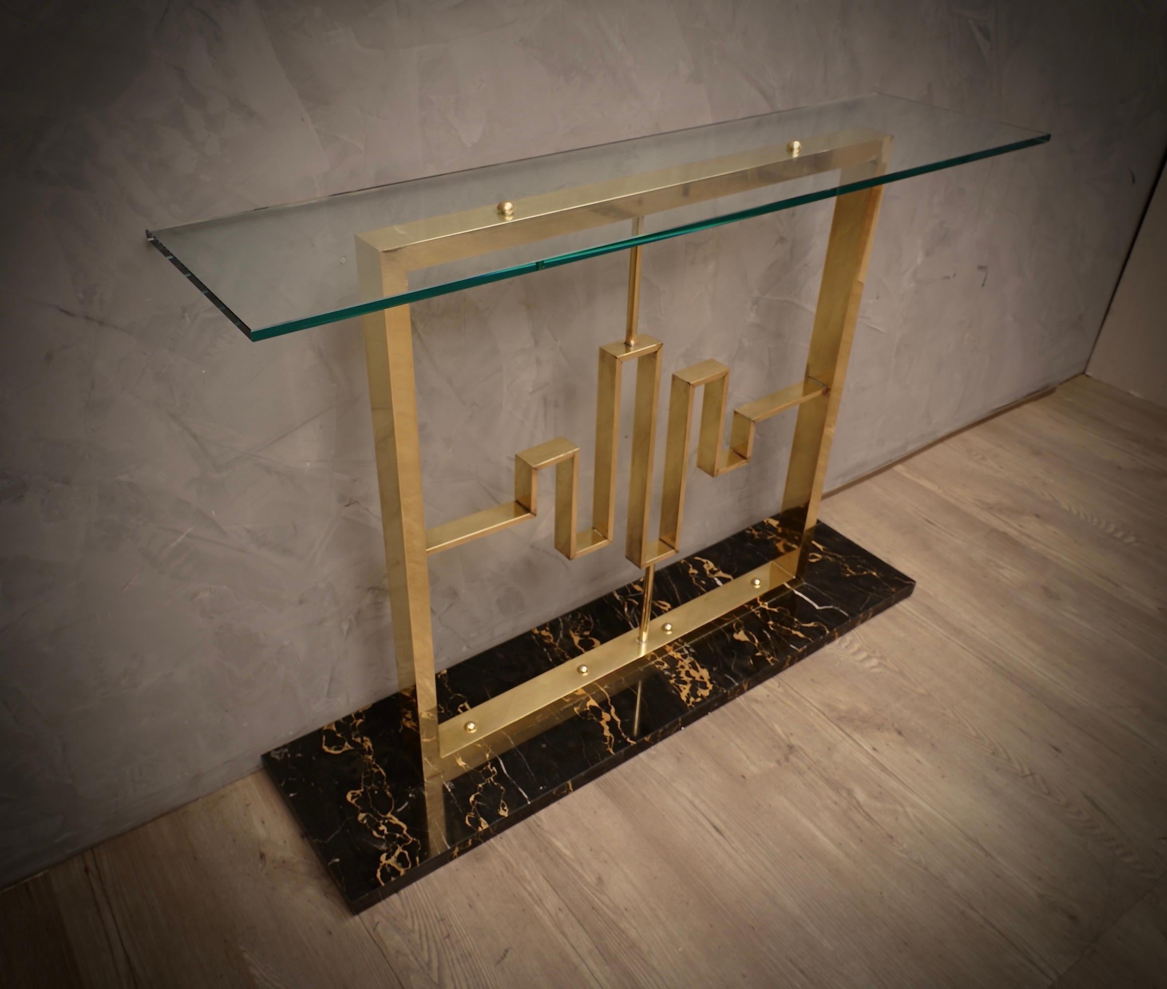 Midcentury Portoro Marble Brass and Glass Italian Console Table, 1980 For Sale 2