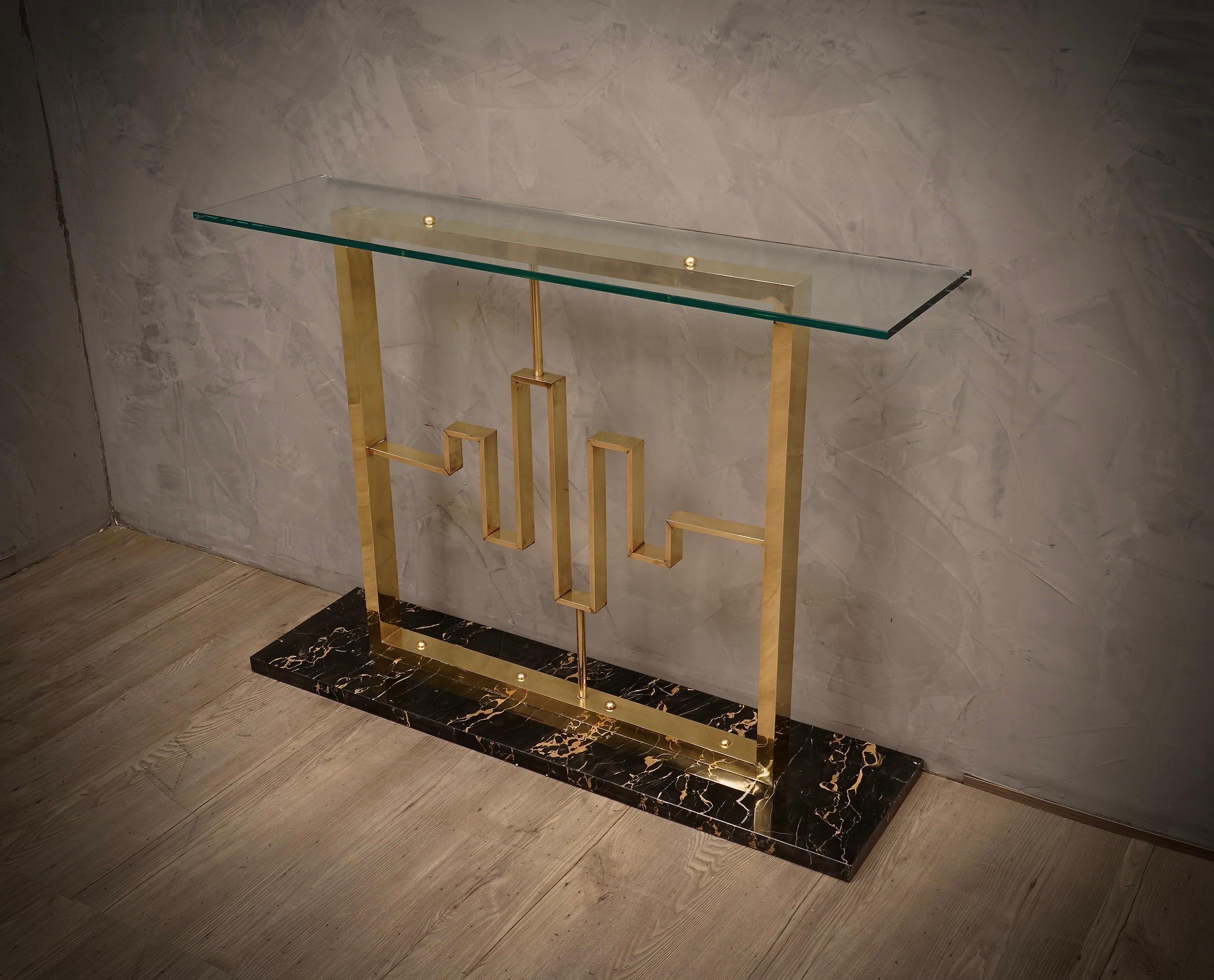 Midcentury Portoro Marble Brass and Glass Italian Console Table, 1980 3