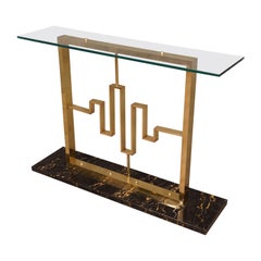 Vintage Midcentury Marble Brass and Glass Console Table, 1980