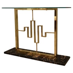 Retro Midcentury Portoro Marble Brass and Glass Italian Console Table, 1980