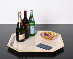 Midcentury Marble Effect Lucite and Brass Octagonal Serving Tray, Italy, 1980s