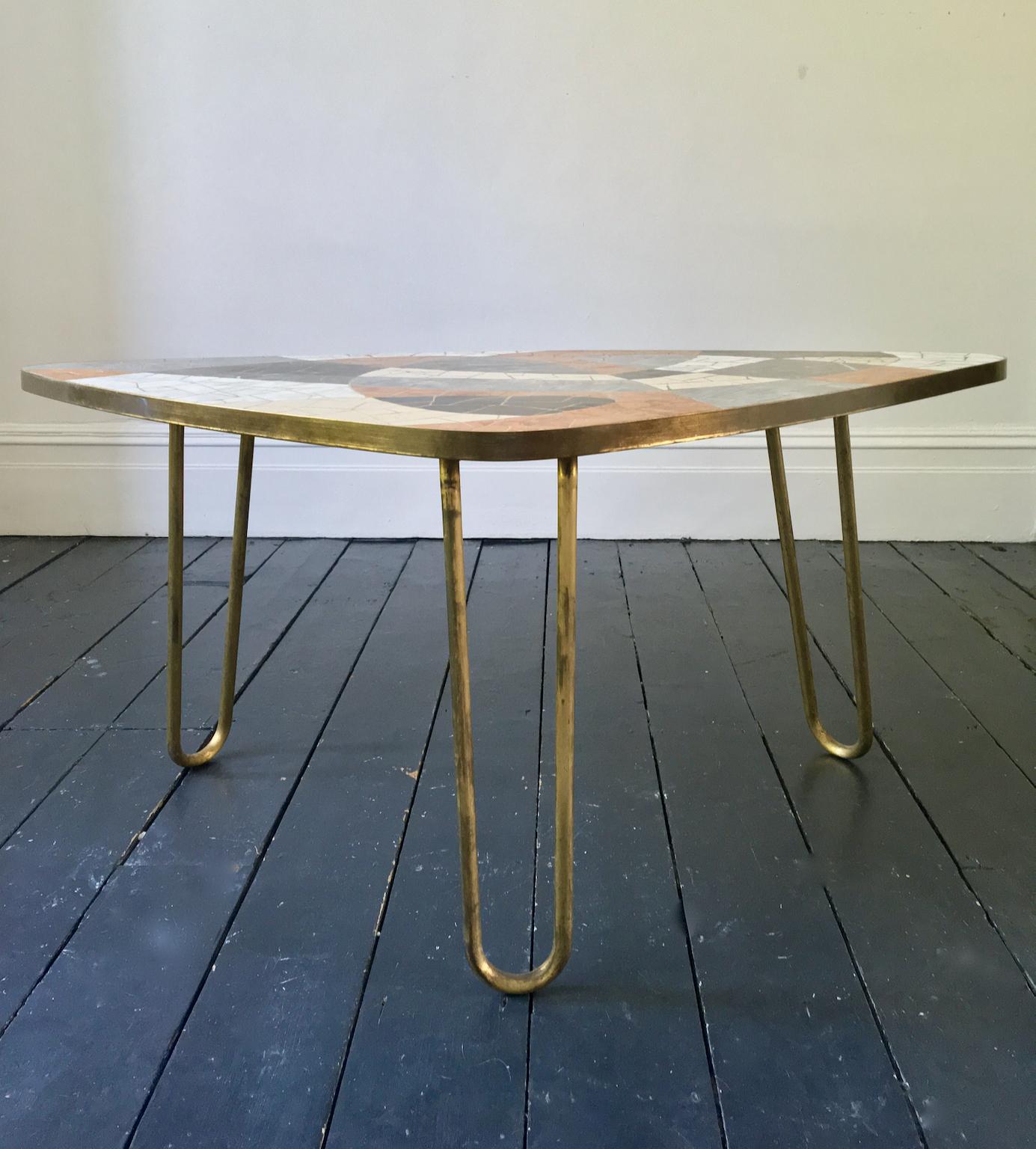 Midcentury Marble Mosaic Table with Brass Details Attributed to Berthold Müller 7