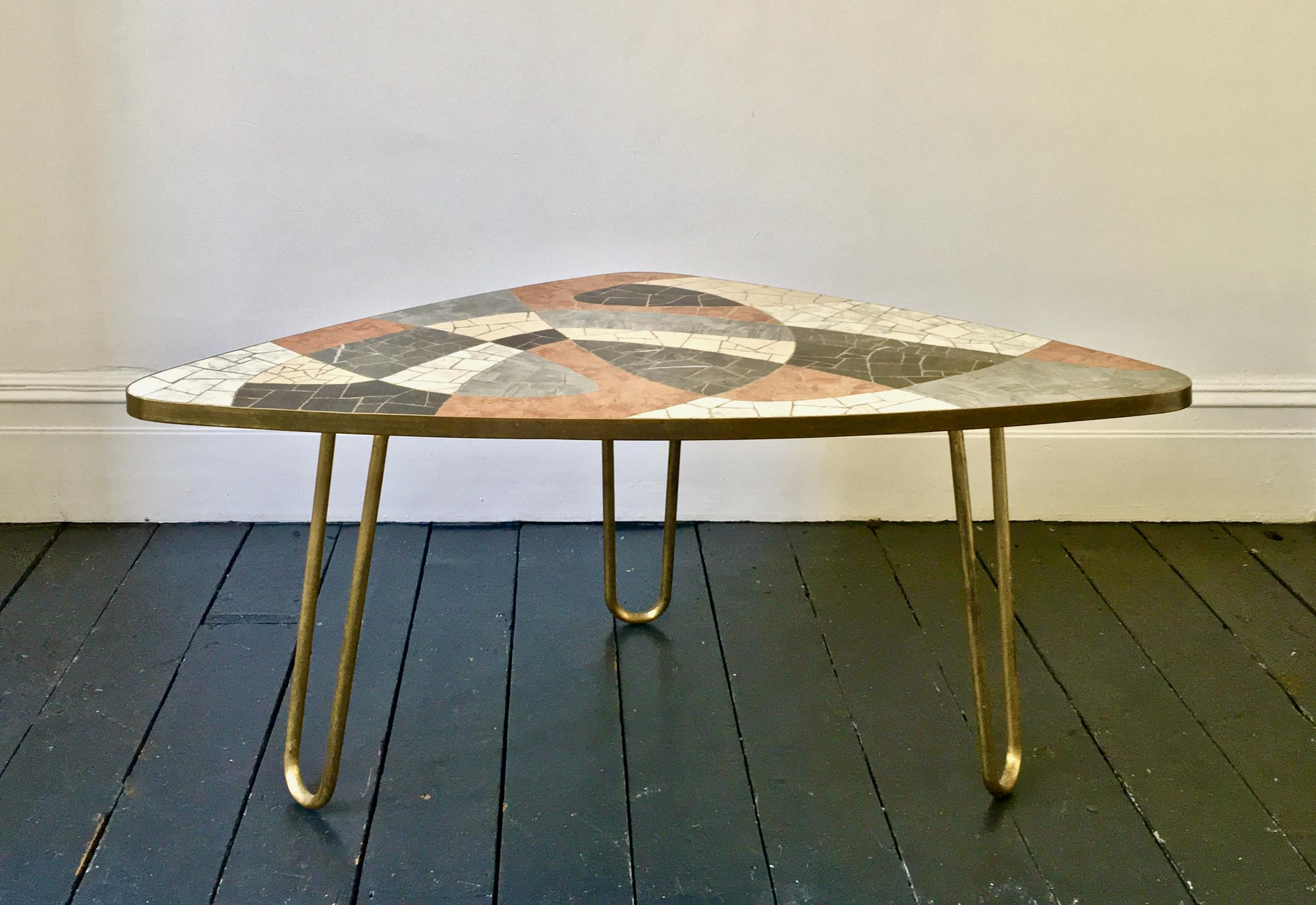 Mid-Century Modern Midcentury Marble Mosaic Table with Brass Details Attributed to Berthold Müller