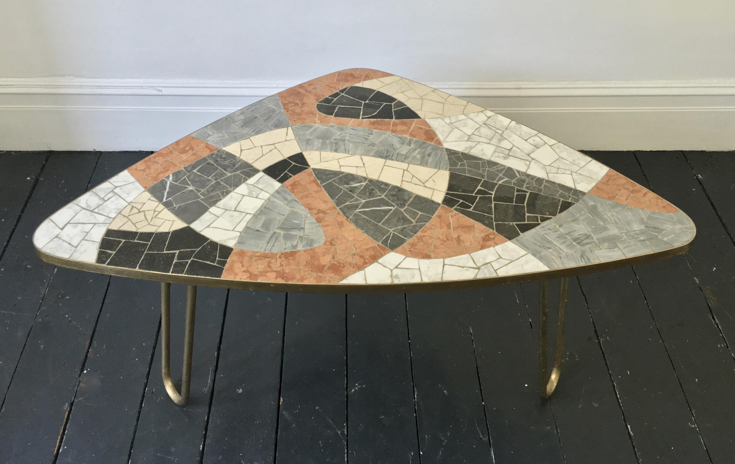 German Midcentury Marble Mosaic Table with Brass Details Attributed to Berthold Müller