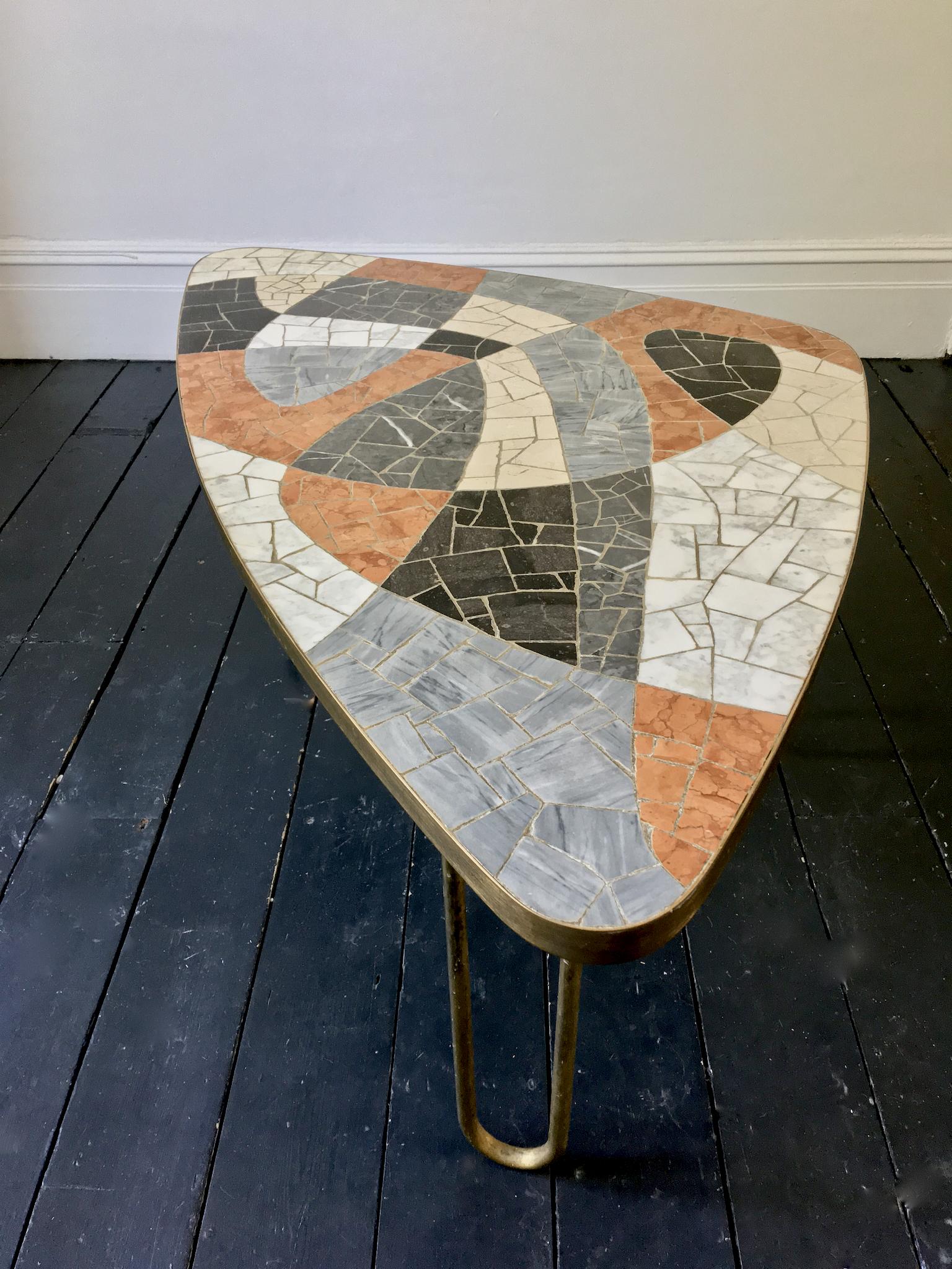 20th Century Midcentury Marble Mosaic Table with Brass Details Attributed to Berthold Müller