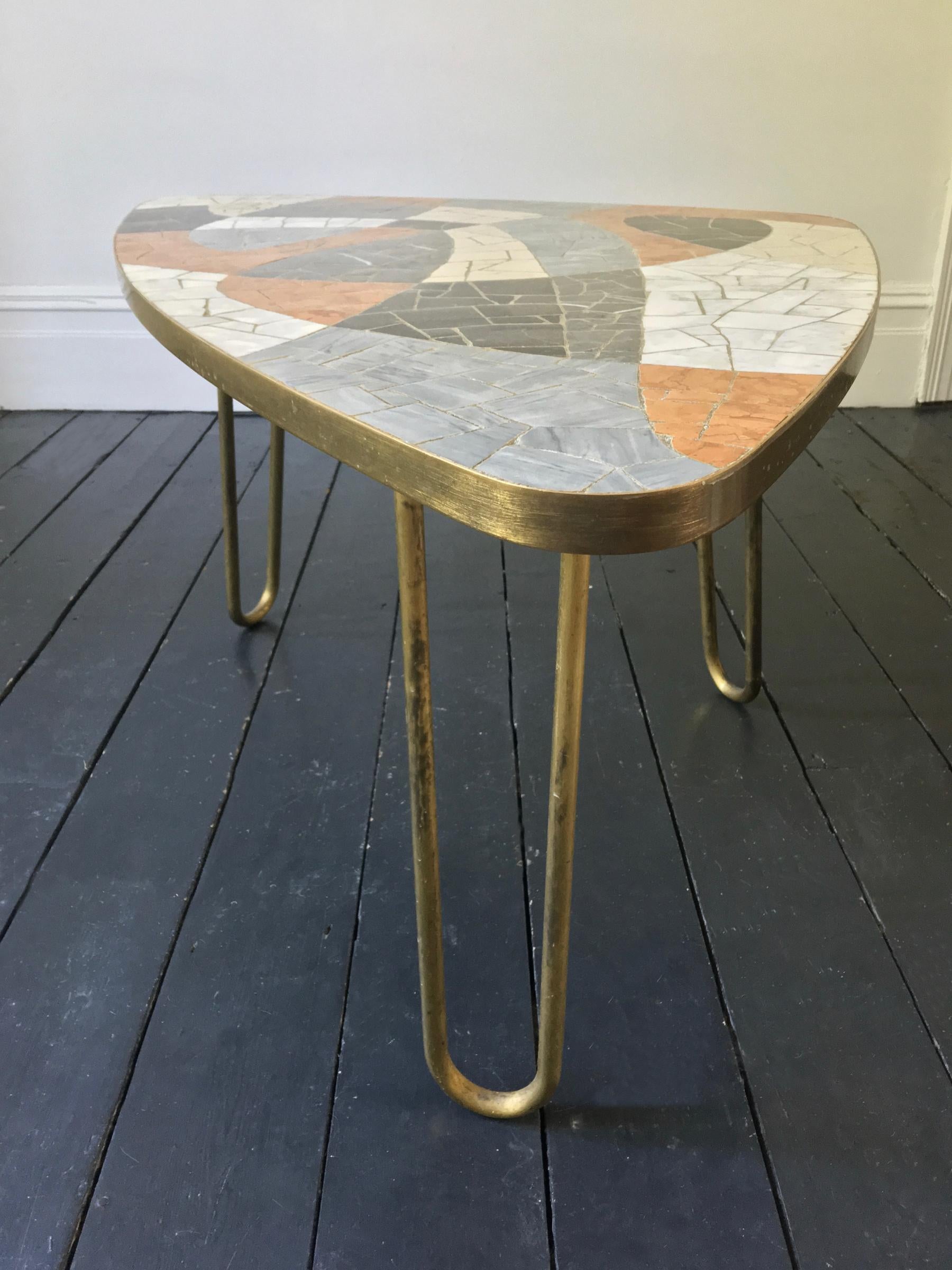 Midcentury Marble Mosaic Table with Brass Details Attributed to Berthold Müller 1