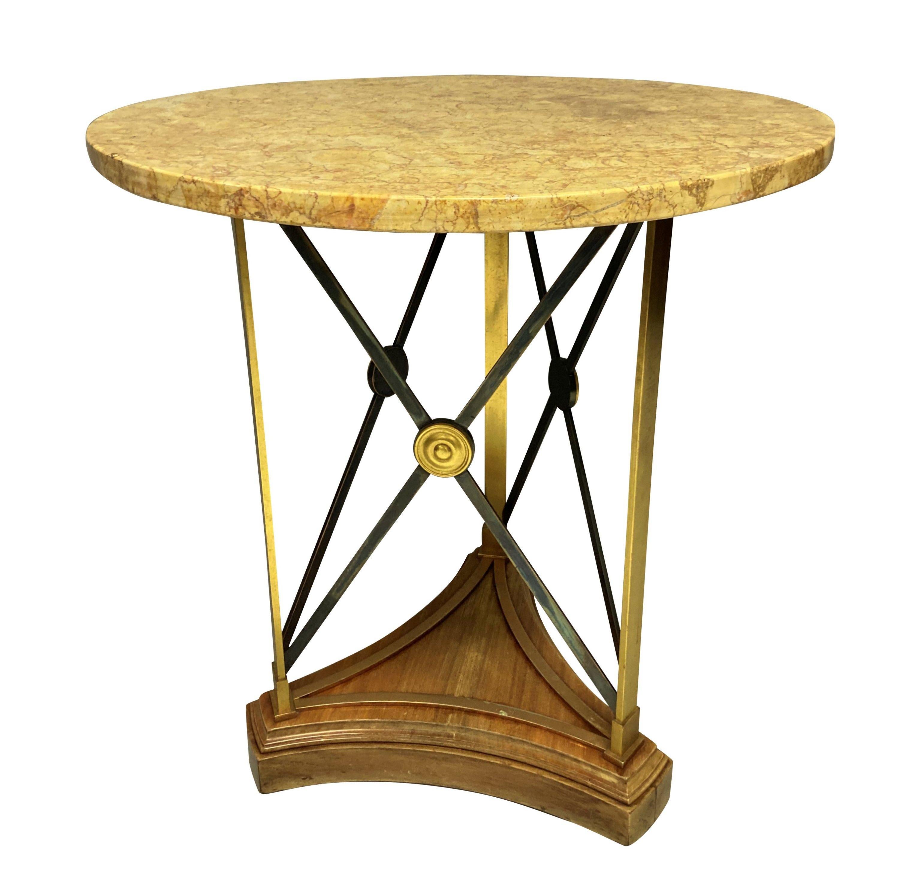 A French mid-century gueridon table, on a pale mahogany base, with brass and steel neo-classical design and a sienna marble top. Very heavy and sturdy.