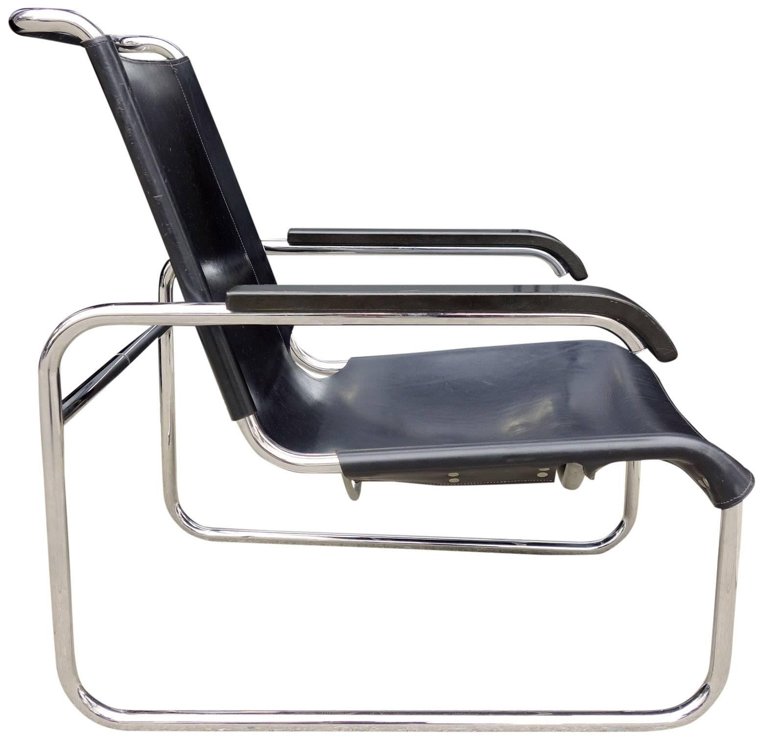Original midcentury Marcel Breuer B35 lounge chair for ICF. Leather and chrome in excellent vintage condition. Fine example.