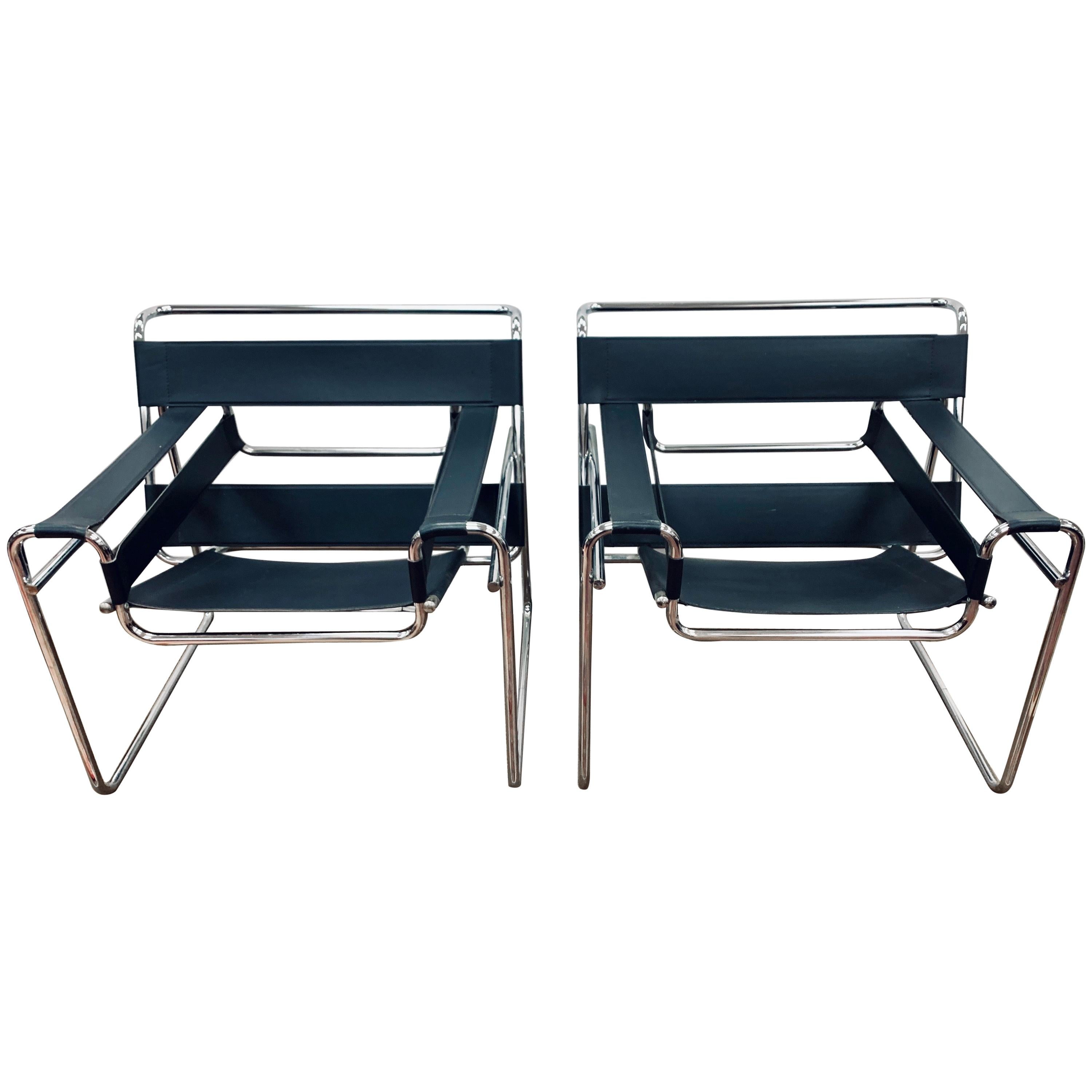 Midcentury Marcel Breuer Style Black and Chrome Wassily Chairs, Pair