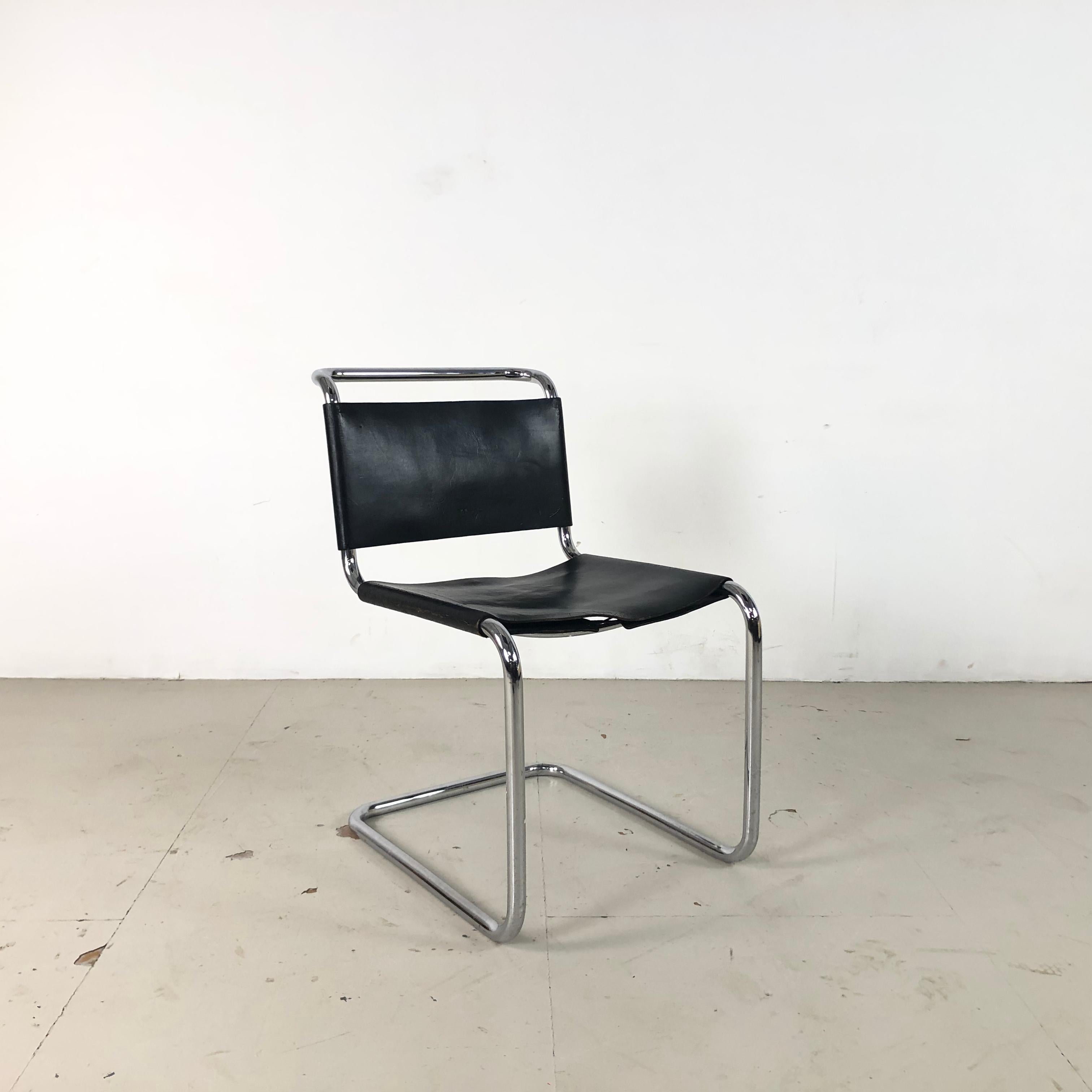 20th Century Midcentury Marcel Breuer Style Black Leather and Chrome Cantilever Dining Chair