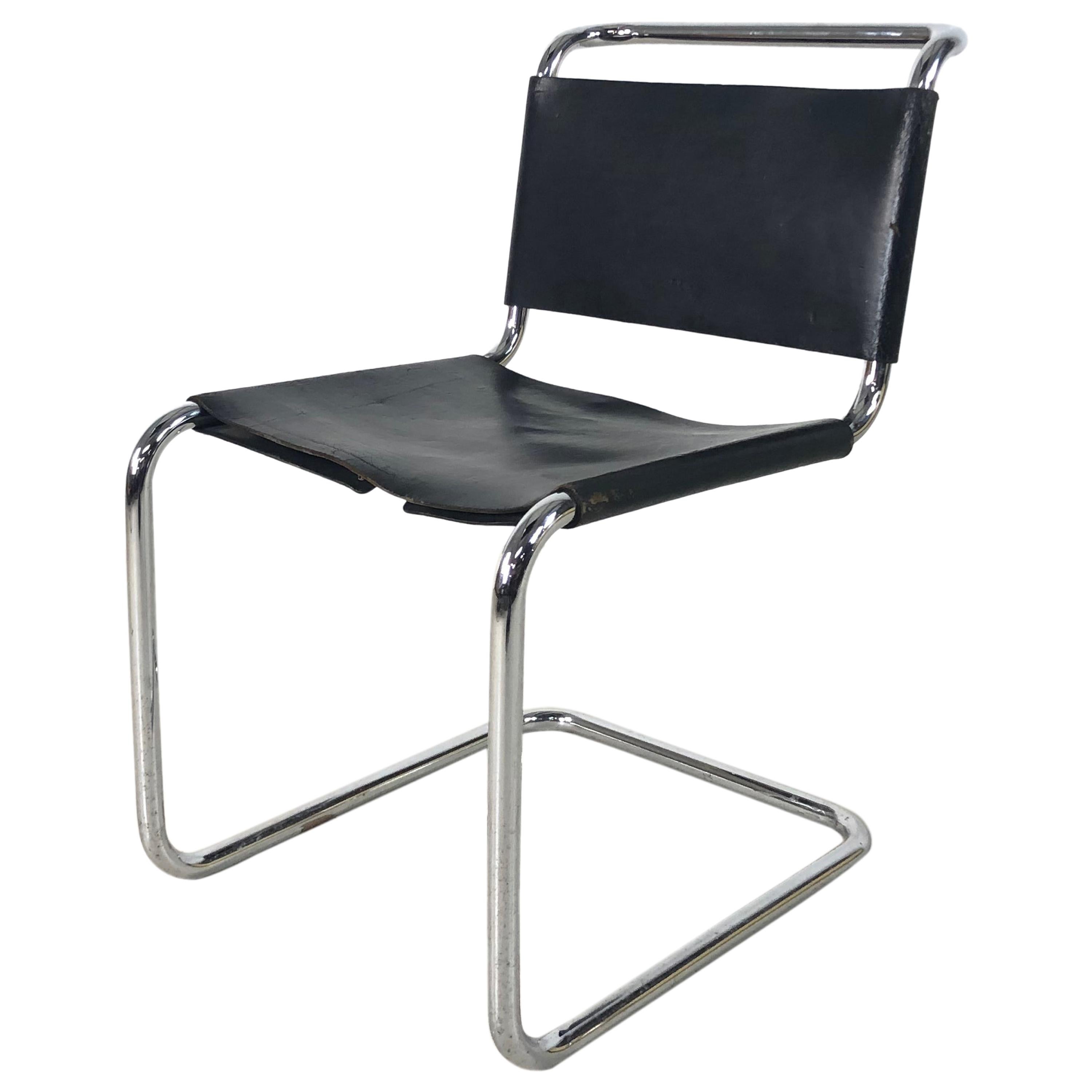 Midcentury Marcel Breuer Style Black Leather and Chrome Cantilever Dining Chair