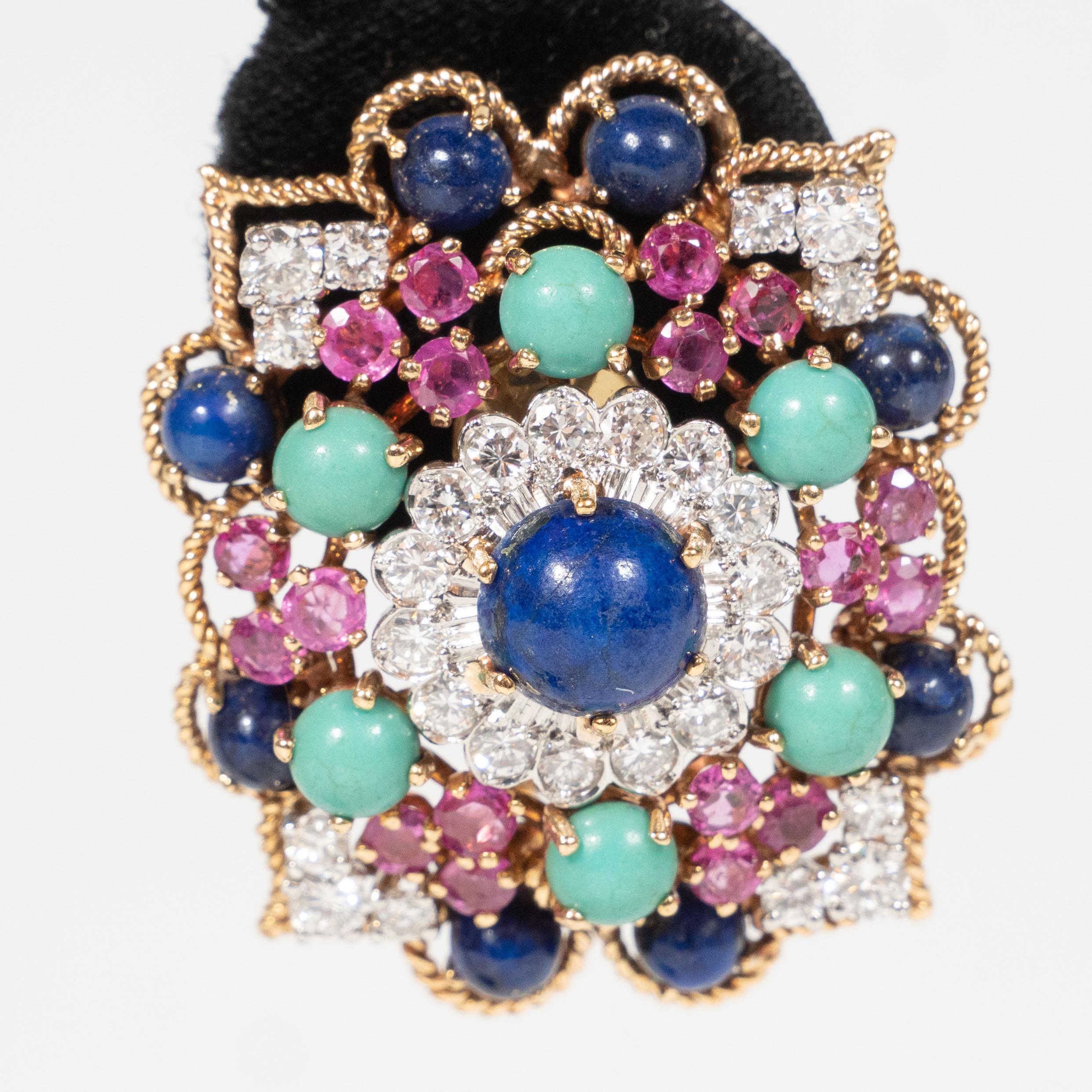 Modernist Midcentury Marianne Ostier Colored Stone Diamond Gold Platinum Earrings