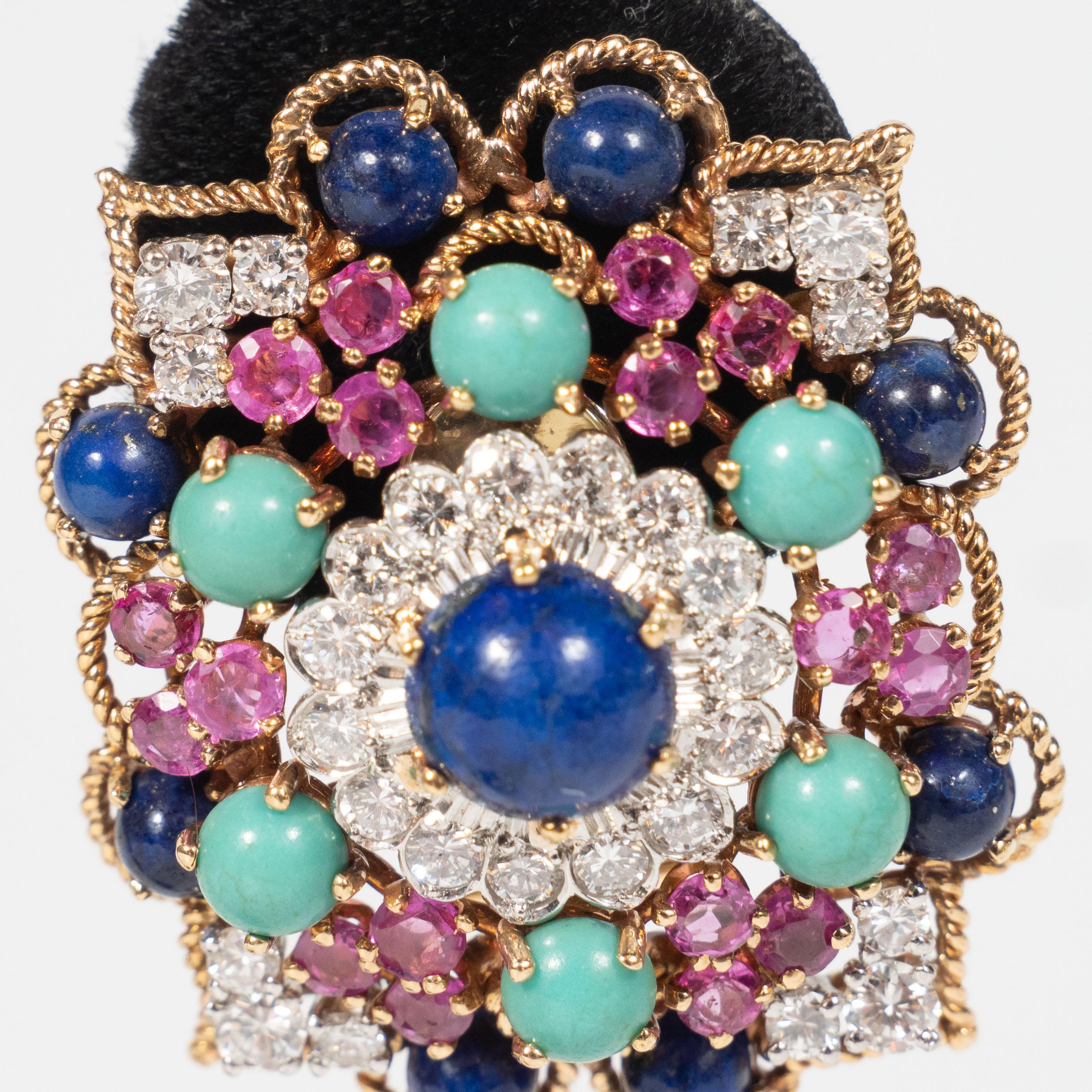 Women's Midcentury Marianne Ostier Colored Stone Diamond Gold Platinum Earrings