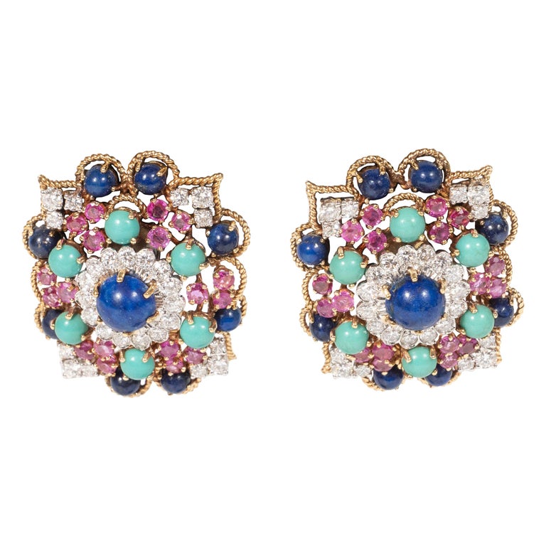 Midcentury Marianne Ostier Colored Stone Diamond Gold Platinum Earrings ...
