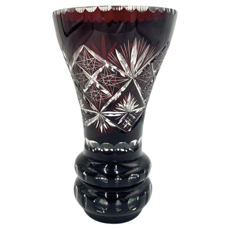 Mid Century Maroon Crystal Vase, Poland, 1960s For Sale