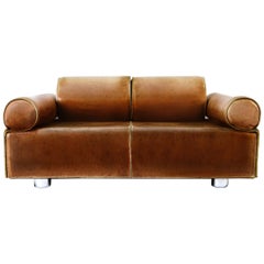 Midcentury Marzio Cecchi Italian Cognac Two-Seat Sofa Daybed Loveseat, 1960s