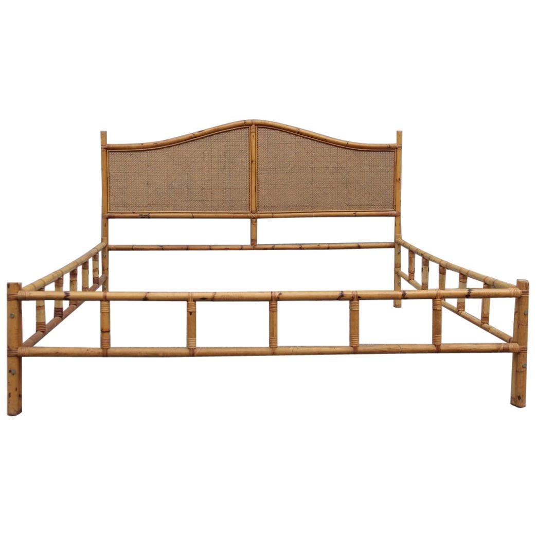 Midcentury Matrimonial Bed in Bamboo and Vienna Straw Italian Design 1950s