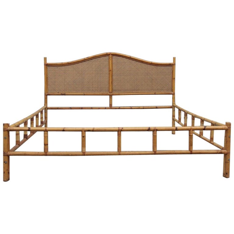 Midcentury Matrimonial Bed in Bamboo and Vienna Straw Italian Design